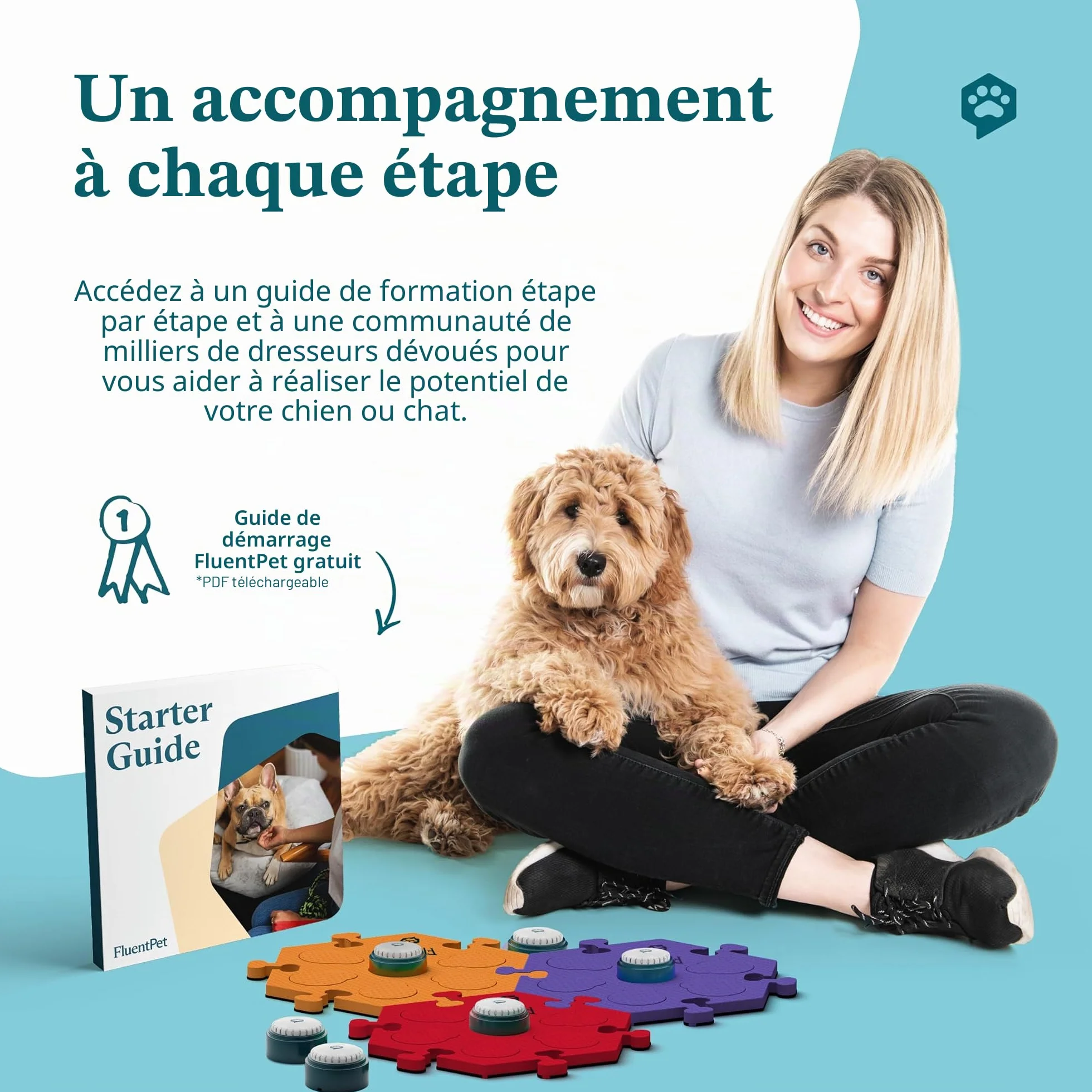 FluentPet Parlez ! Kit de démarrage avec Son Clair orienté vers Le Haut | 6 Boutons enregistrables + 3 HexTiles brevetés avec Piles pré-installées | Boutons de Communication pour Chien et Chat