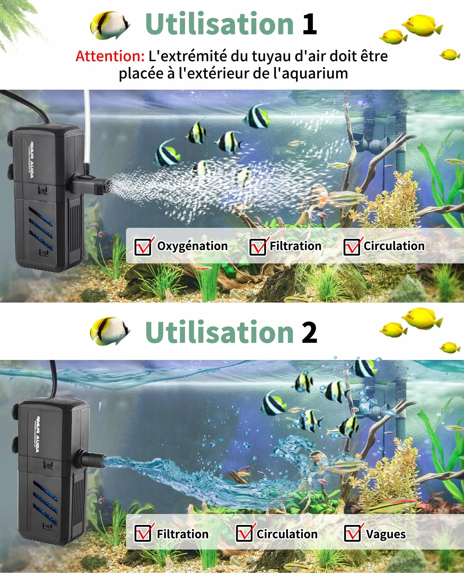 Filtre Intérieur Aquarium 500L/H 6W Pompe Aquarium Réglable Débit d'Eau Filtre Interne 30-500L avec Éponges Filtrantes