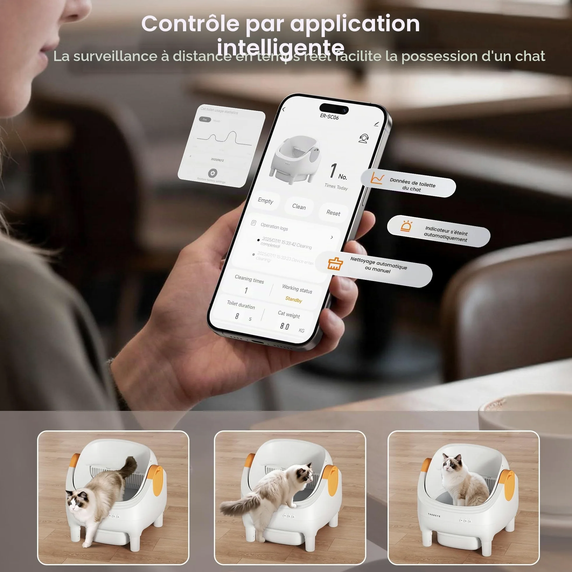 Thereye Litiere Autonettoyante App & Anti-Pincement | Litiere chat automatique capteurs securite, ouverture silencieuse, anti-odeur, compatible 1.5-12.5kg, triple anti-pincement.