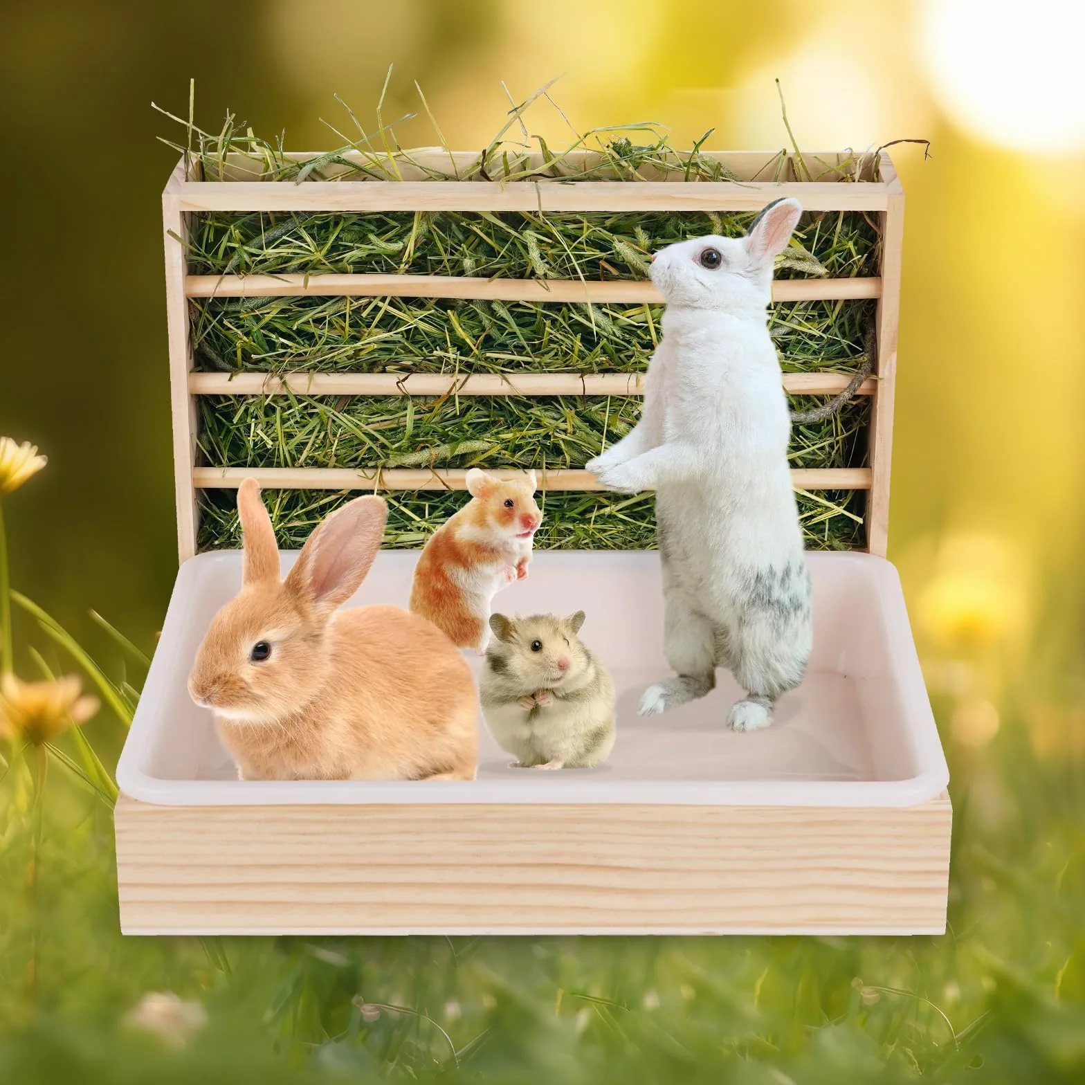 Râtelier à foin 2 en 1 en bois pour hamster avec distributeur automatique et bac à litière