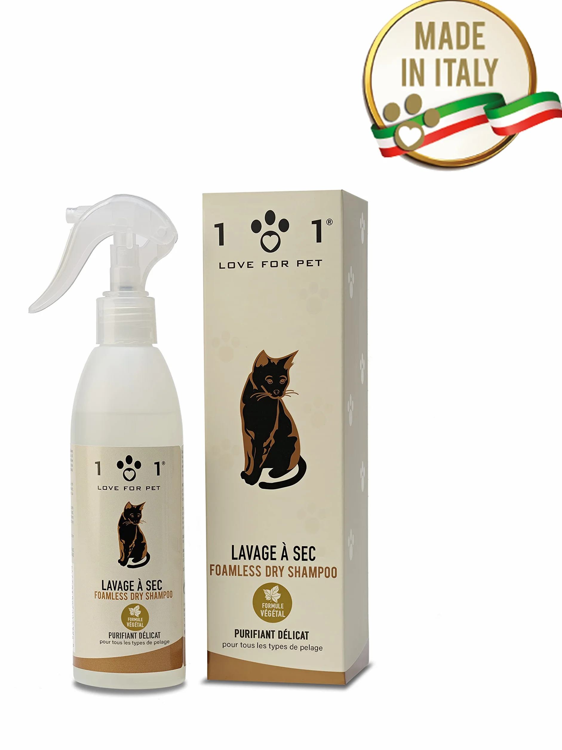 Shampoing Sec Chat Naturel Linea 101 250 ML Sans Rinçage Toilettage Rapide Pelage Propre Parfum Doux Made in Italy