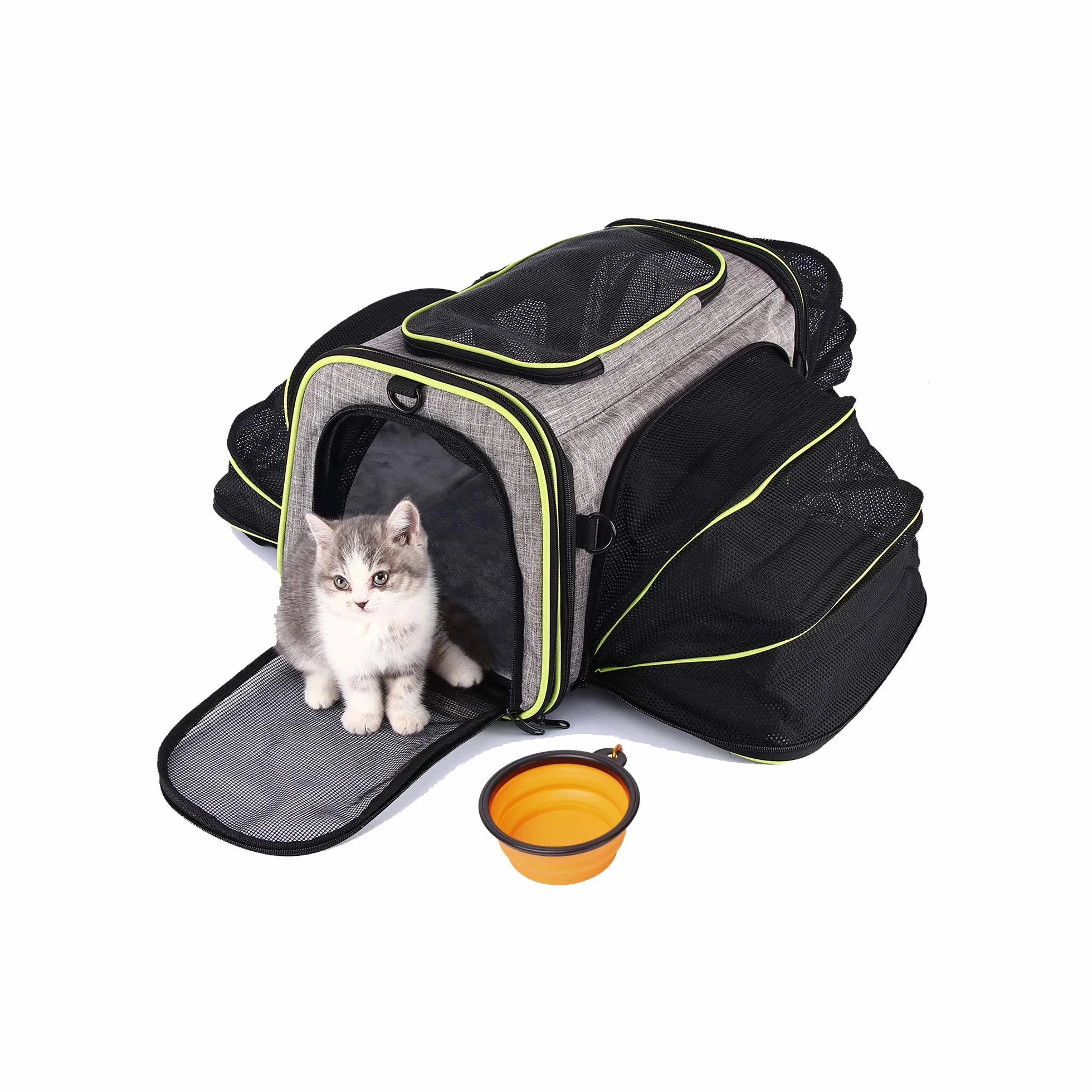 Sac Transport Chat Chien, Cage de Voyage Spacieux 4 Sens Extensibles, Caisse Chat Pliable pour Animal de Compagnie (Gris)
