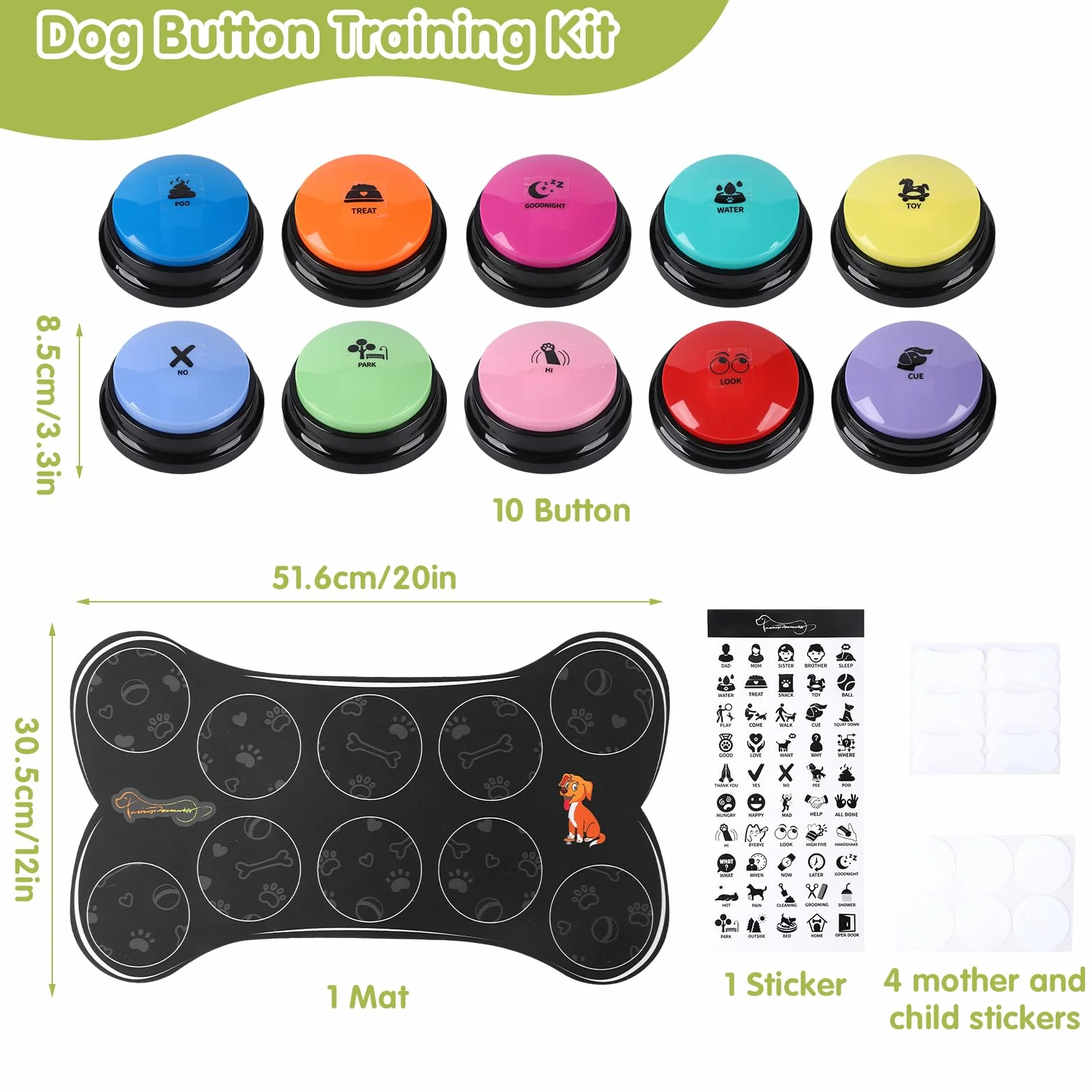 Boutons pour chiens pour la communication Kit de démarrage de 10 boutons pour chiens 30S Boutons d'entraînement enregistrables HD avec tapis antidérapant imperméable + 50 autocollants de scènes