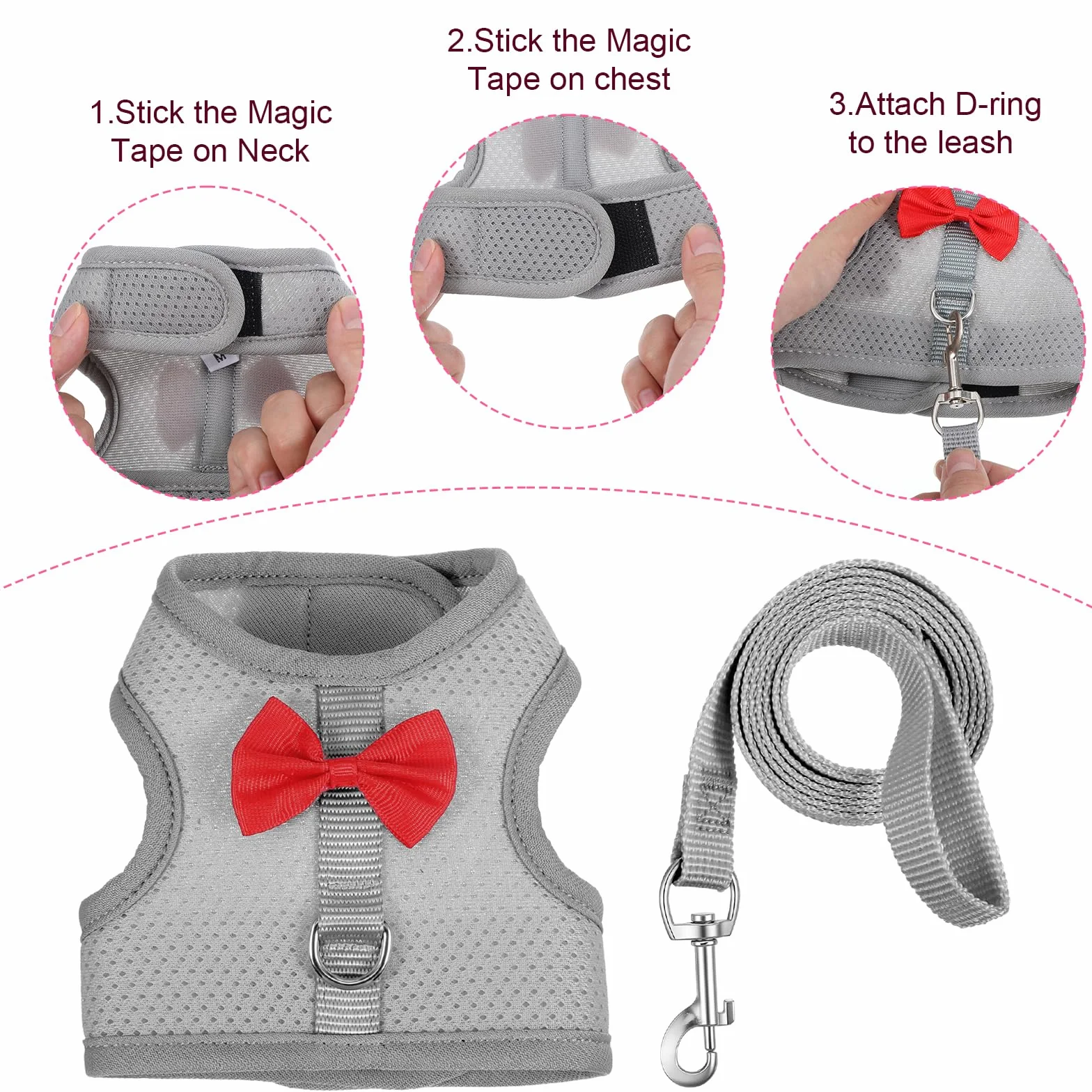 Harnais souple réglable avec laisse élastique pour lapin furet chaton chiot petits animaux gris