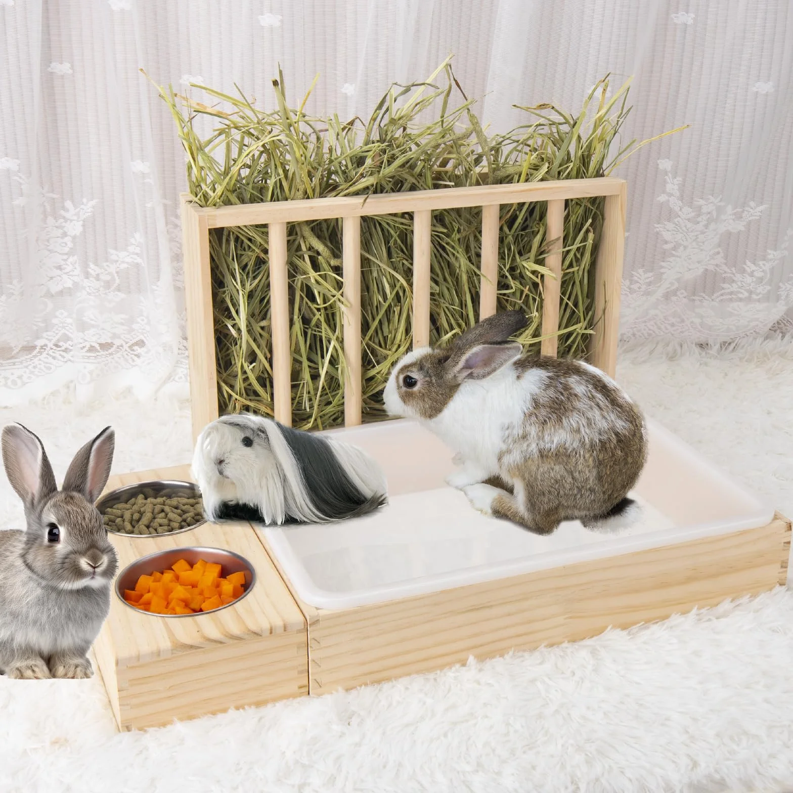 Mangeoire à Foin 3 en 1 pour Lapin avec Bac à Litière, Bois, 2 Bols, Grande Capacité