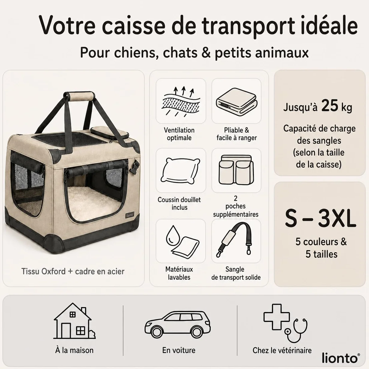 Lionto Caisse de Transport Pliable pour Chien Chat 50x34x36 cm Tissu Oxford Robuste