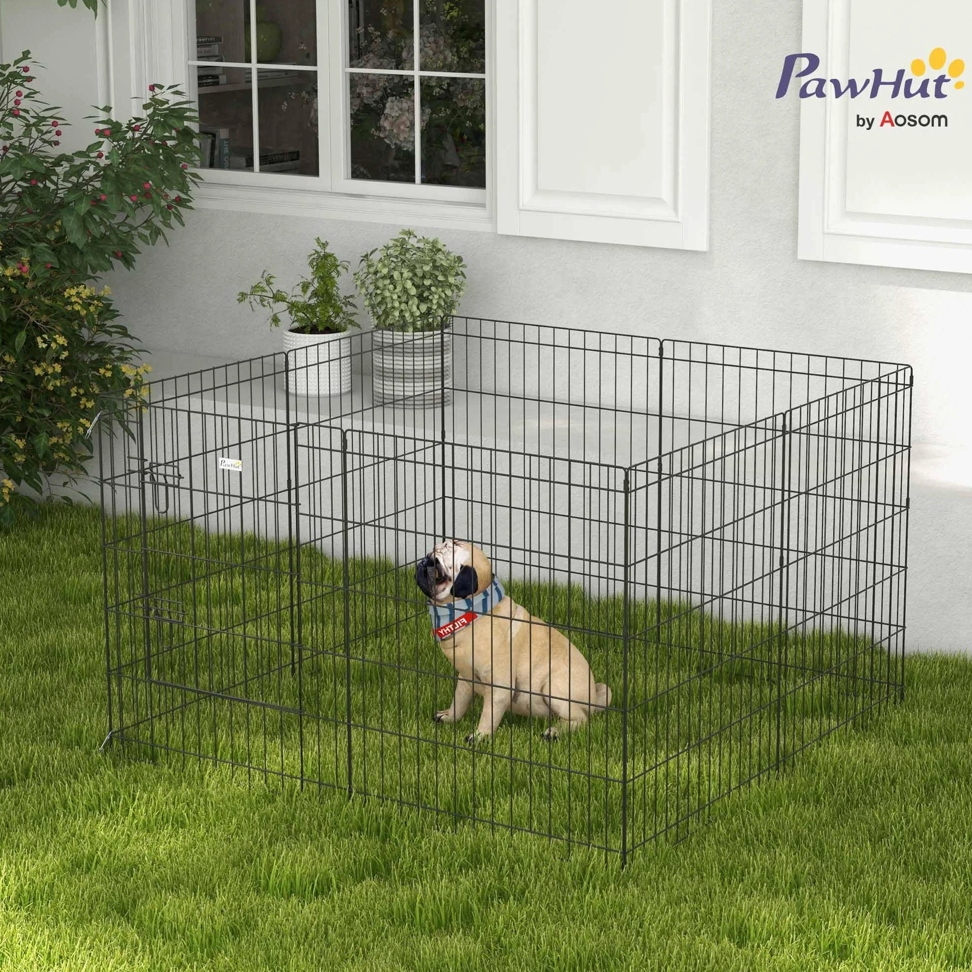 PawHut Parc enclos modulable pour Chiens Lapins rongeurs clôture Petits Animaux intérieur extérieur Pliant 1 Porte verrouillable 8 Panneaux Fil métal 61 x 76 cm Noir