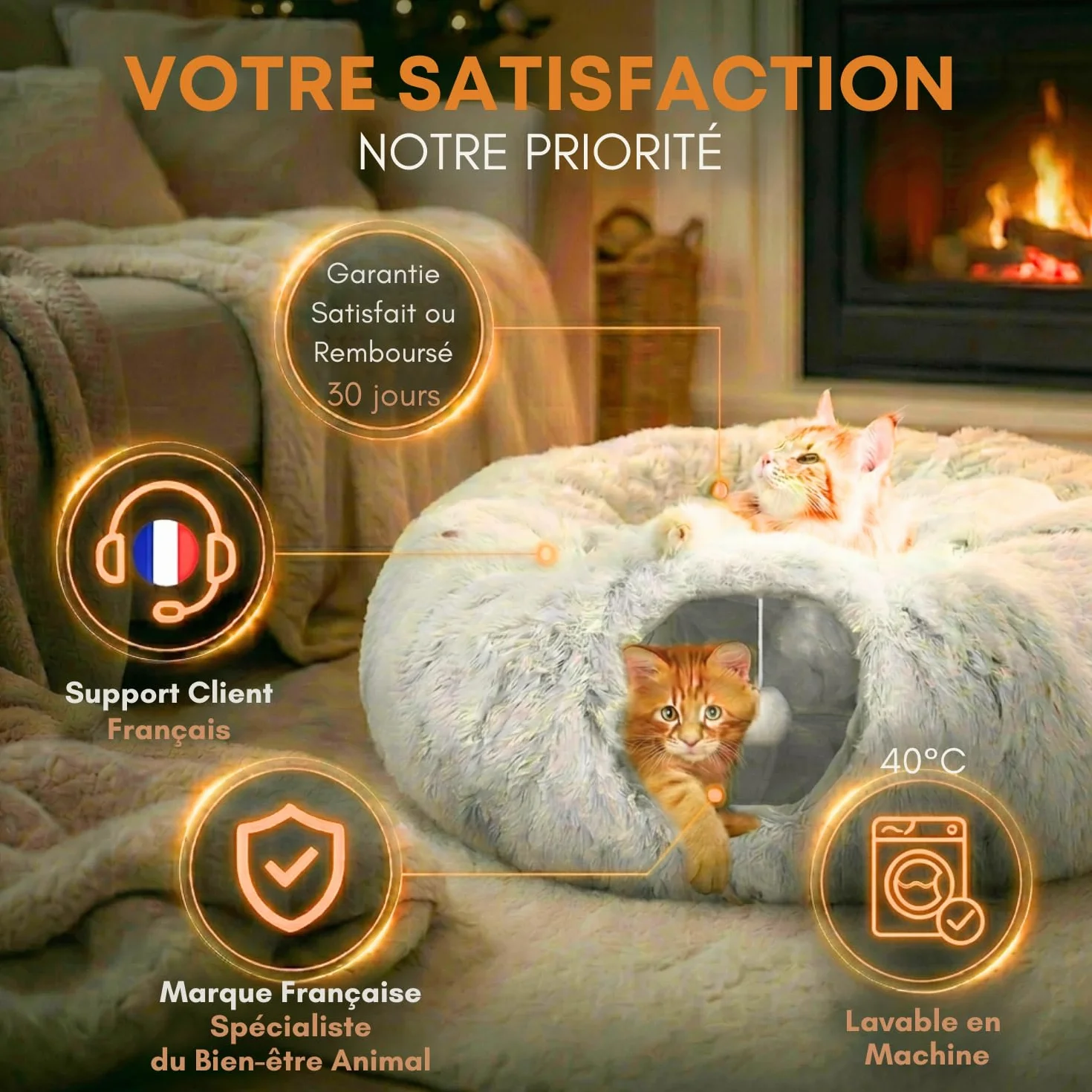 One PETS-TOP Tunnel Chat Rond XXL en Peluche Douce – Lit Tunnel Cachette Confort – Cabane Intérieure pour Chat – Cat Tunnel (Gris Perle)