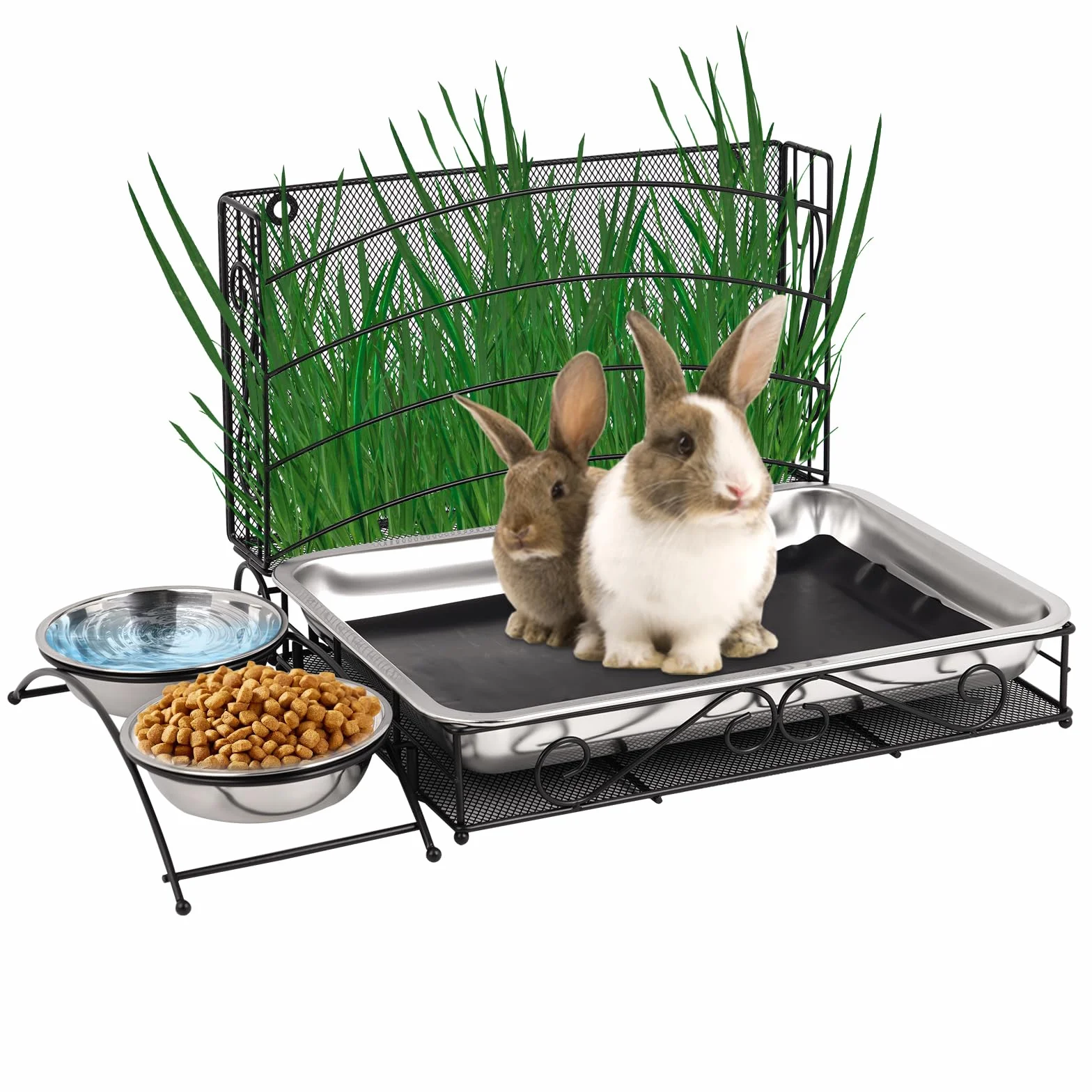 Mangeoire à Foin Pour Lapin 3-en-1 Avec Tapis Imperméable et Bol d'Eau