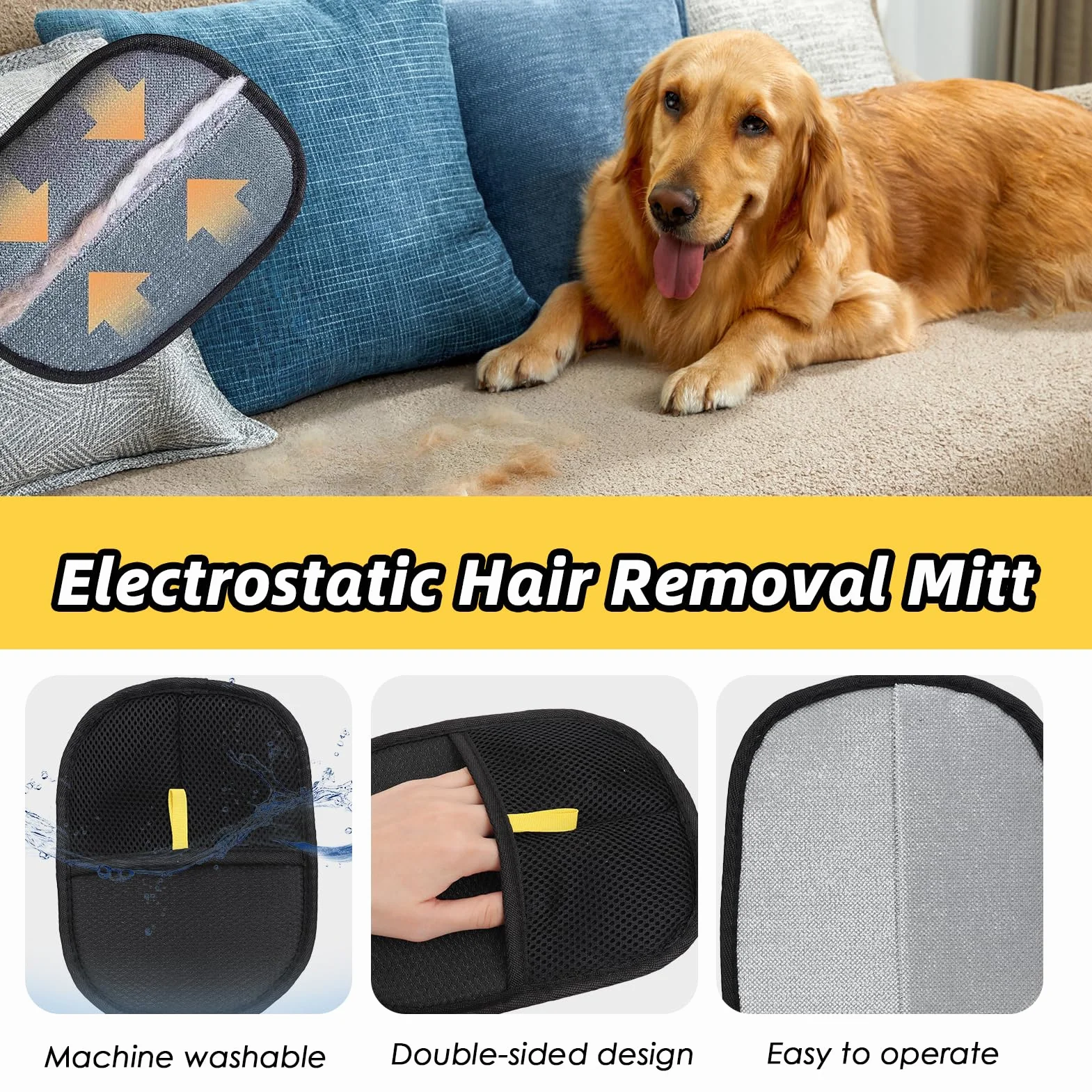 Gant Anti Poils Animaux Antistatique Lavable pour Chiens Chats Toilettage Massage - Noir