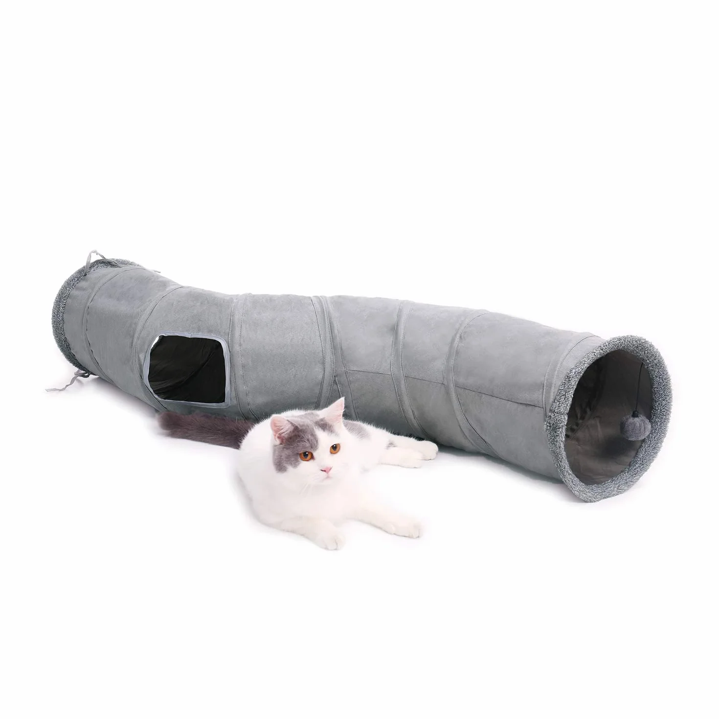 OHANA S Forme Jouet Tunnel pour Chat en Daim, Grand Tunnel a Chat Pliable avec 2 Trous et Boule Suspendue pour Chats Chatons Lapins Dia27 * 117cm