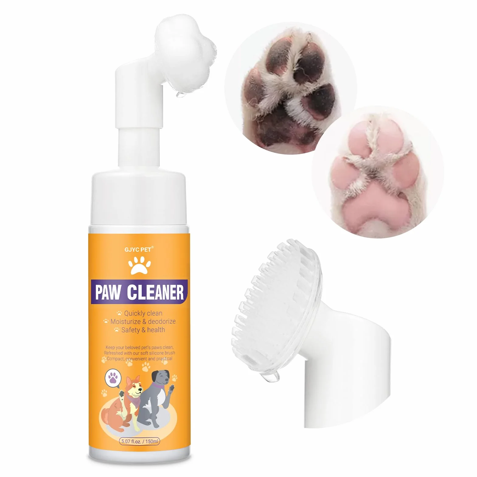 Nettoyeur de Pattes de Chien, shampooing sans Eau avec Brosse en Silicone Souple, Mousse hydratante pour Un Lavage Efficace des Pattes, Nettoyeur de Pattes Facile et Portable pour Chiens, 150 ML