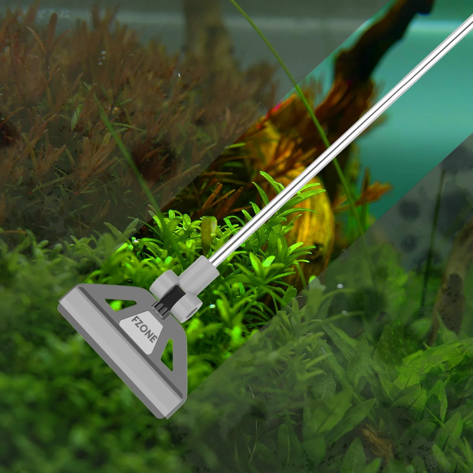 FZONE Grattoir à Algues pour Aquariums en Verre, Longueur Détachable 19-26'', Kit 2-en-1 avec Brosse et 5 Lames Acier Inoxydable