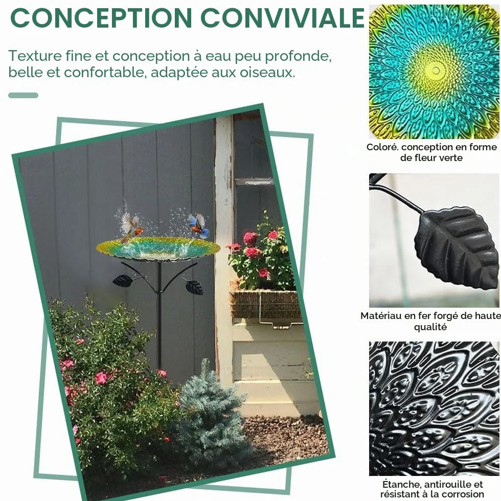 Abreuvoir Oiseaux Extérieur 83cm Métal Bain d'oiseaux avec Base Stable 5 Broches Vert