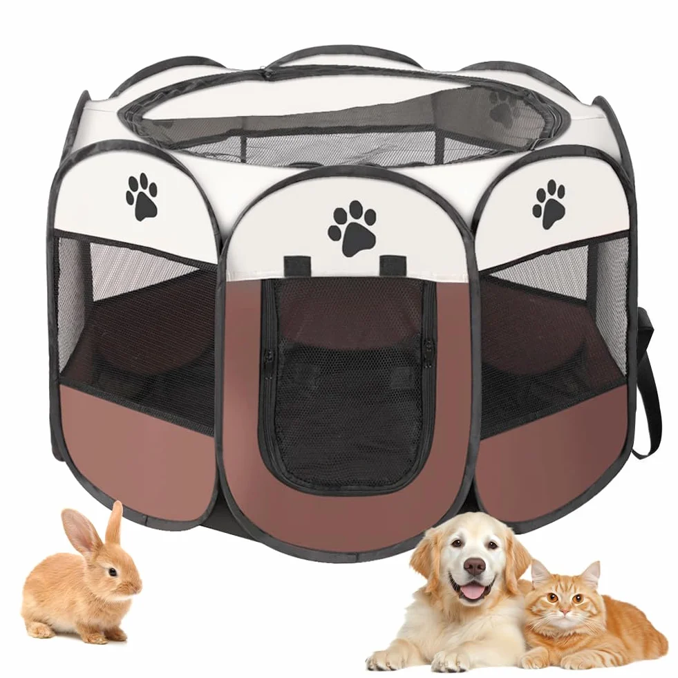 Parc pour chiots pliable 74 x 74 x 43 cm portable intérieur extérieur Marron café