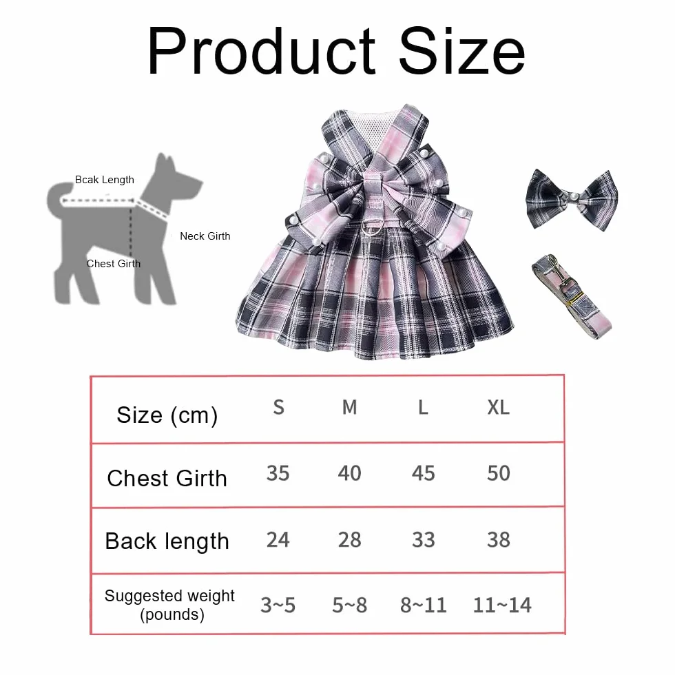 Robe pour Chien Tartan Rose Noir Noeud Papillon Vêtement Canin Respirant Mariage Cérémonies Petit Moyen Grand (S)
