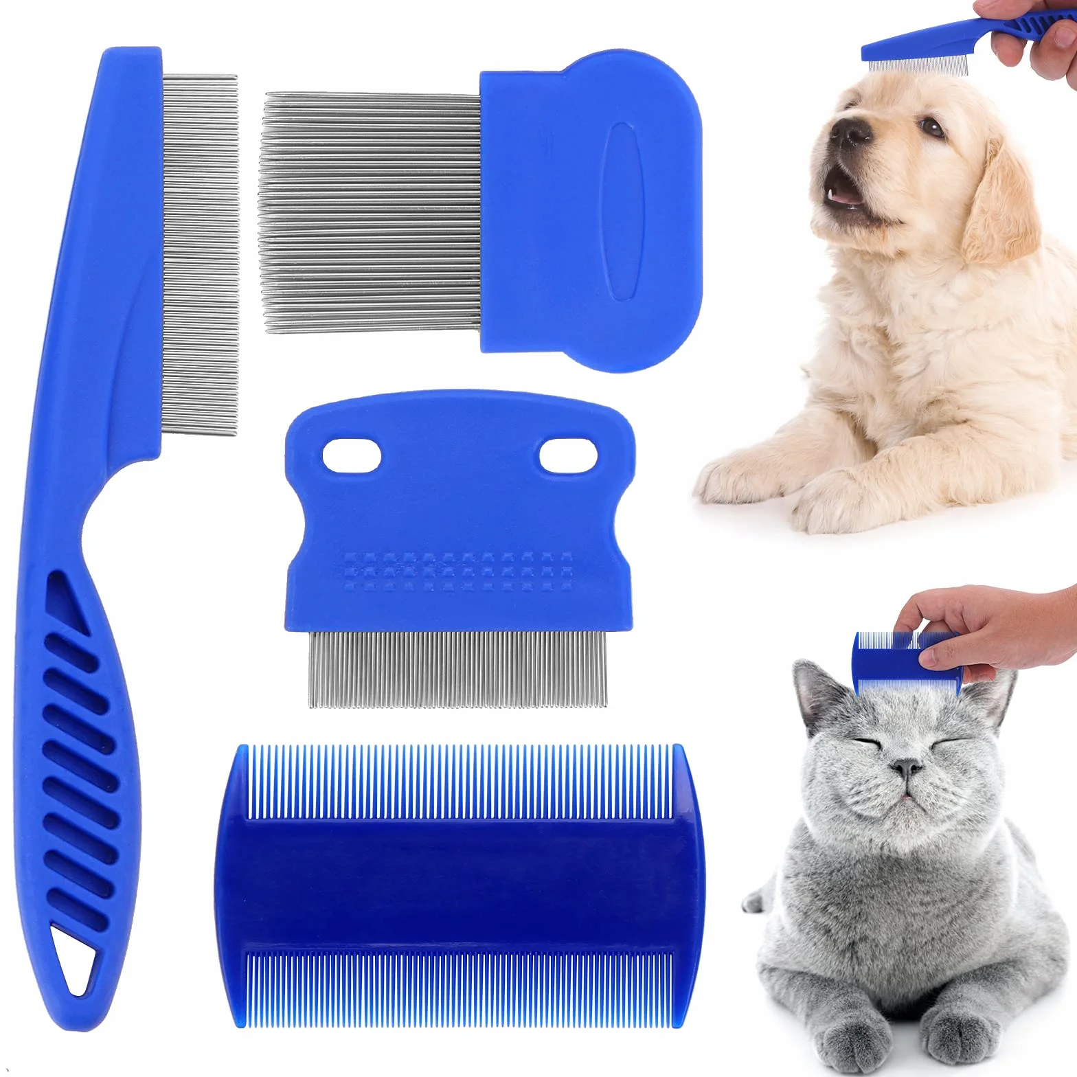 Molain Set de peignes anti puces pour chats et chiens, 4 pièces, peigne de toilettage