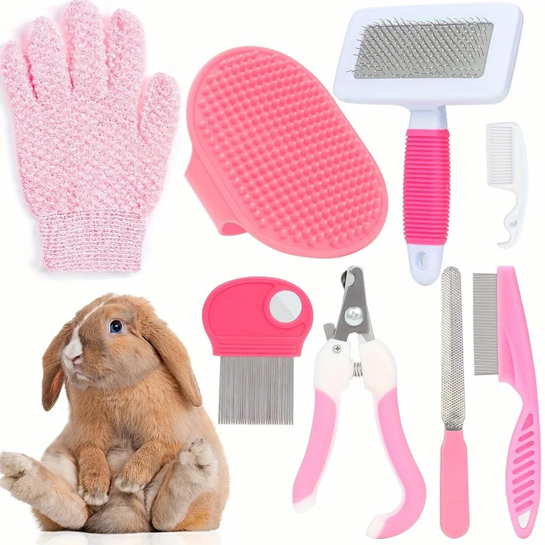 Ensemble de soins pour lapins 8 pièces rose – Accessoires pour lapins avec coupe ongle, lime, peigne anti-puces, brosse lapin, brosse de bain et gant de massage
