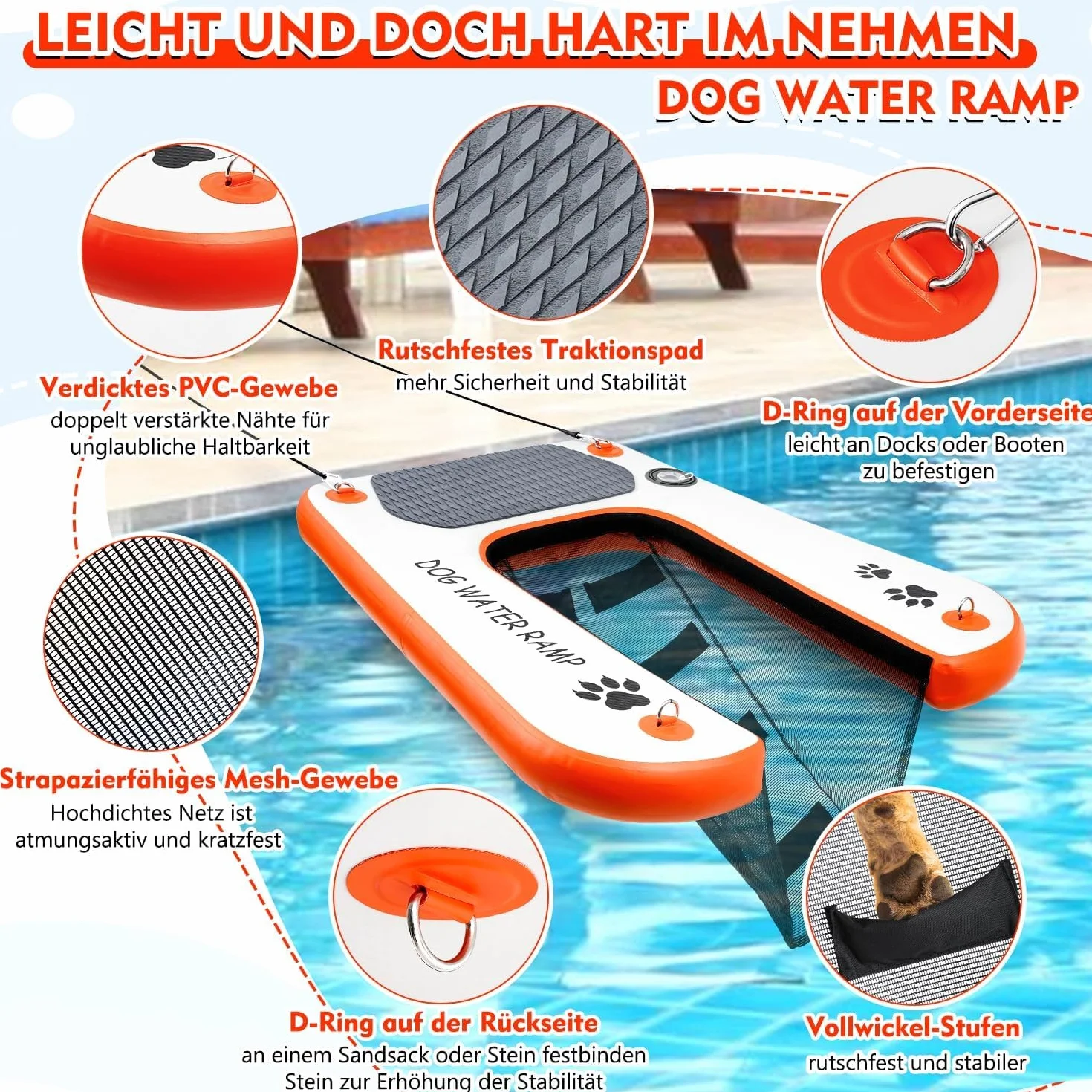 Rampe d'eau extra large pour chien, échelle antidérapante pour piscine, quai et bateau 68 kg