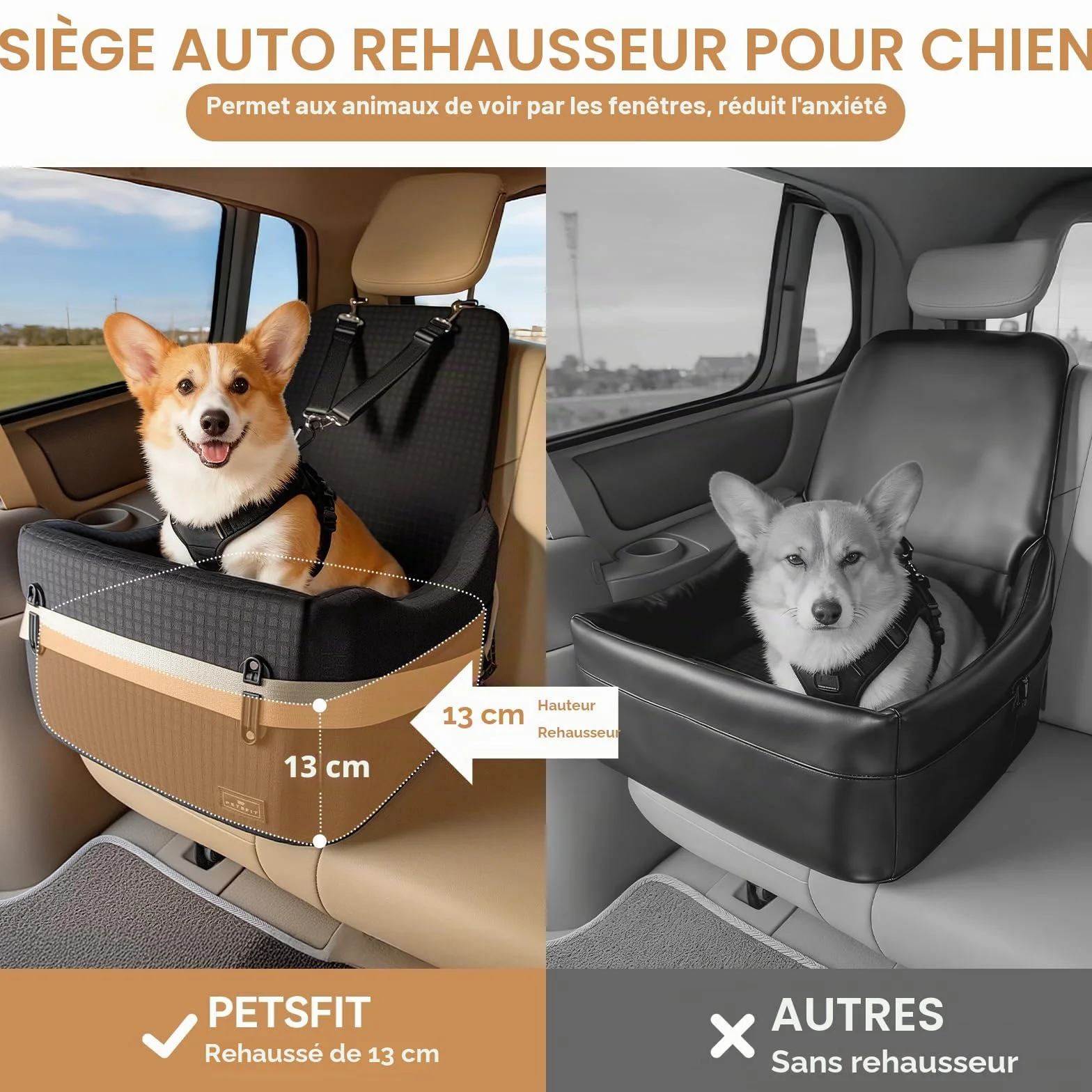 PETSFIT Siège Auto pour Chien jusqu'à 15kg – Système de Sécurité Breveté, Coussin Mémoire de Forme 13cm, Housse Lavable, Noir & Gris