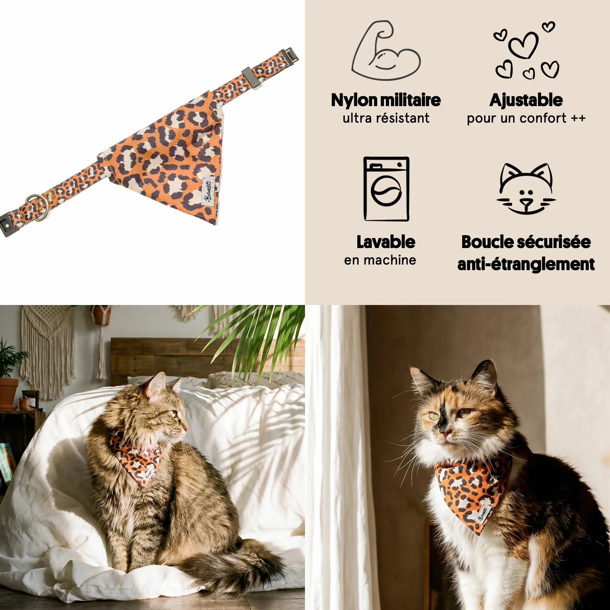 Bandana pour Chat Taille S Jungle Chic Tour de Cou 24-28cm Boucles Anti-étranglement en Plastique Foulard en Nylon résistant et Doux Lavable en Machine