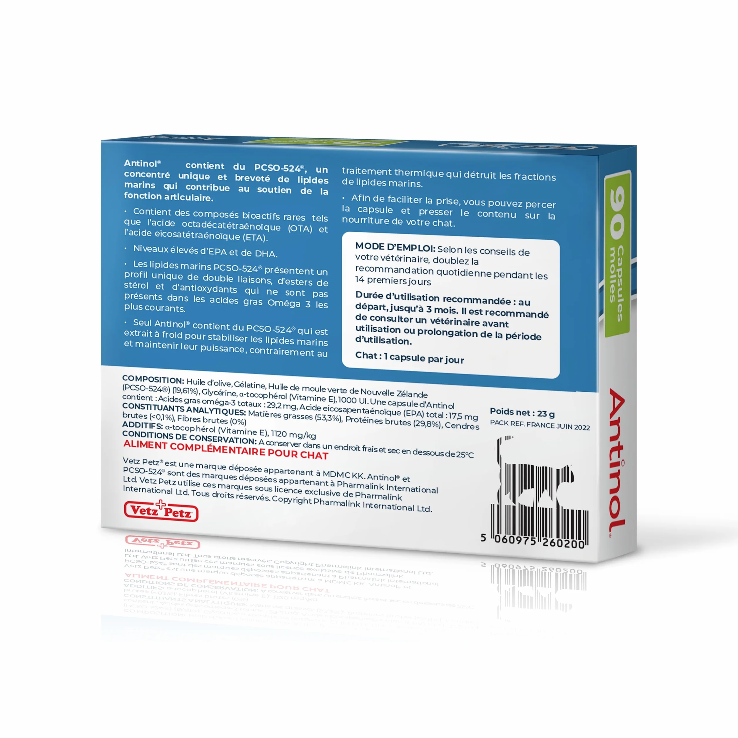 Antinol Complément Naturel des Chats Adultes Articulations Peau Huîtres Vertes Oméga 3 Vitamine E 90 Capsules