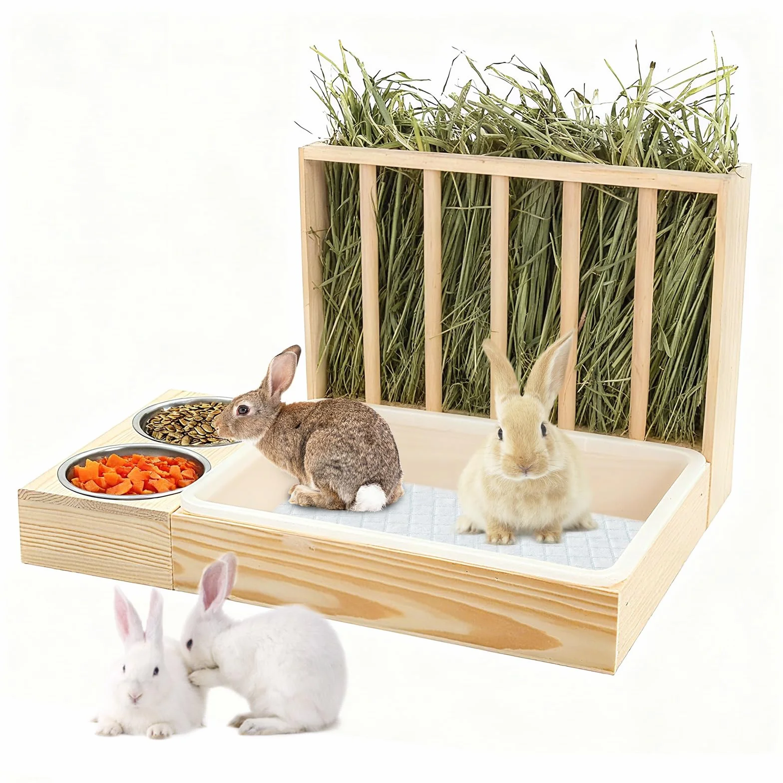 Râtelier à Foin en Bois pour Lapins Cochons d'Inde Hamsters avec Toilettes et Gamelle