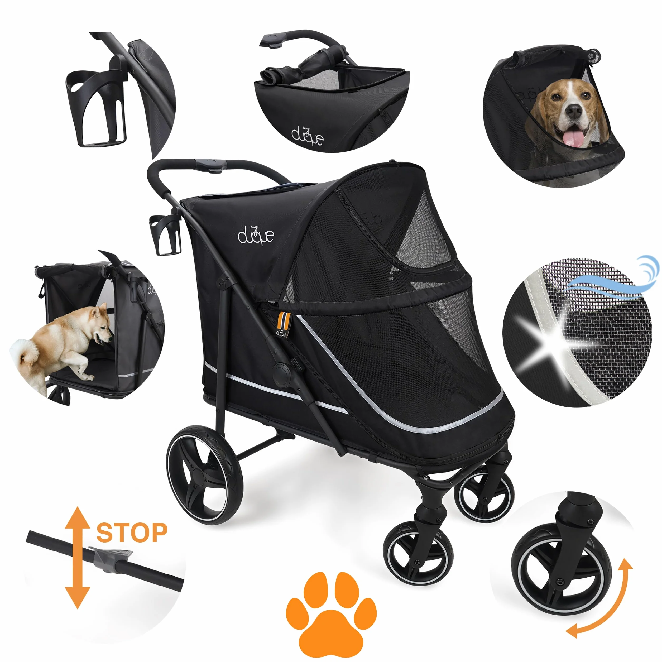 DUQUE Poussette pour Animaux CHAMP Pliante 50 kg Noir avec Housse de Pluie