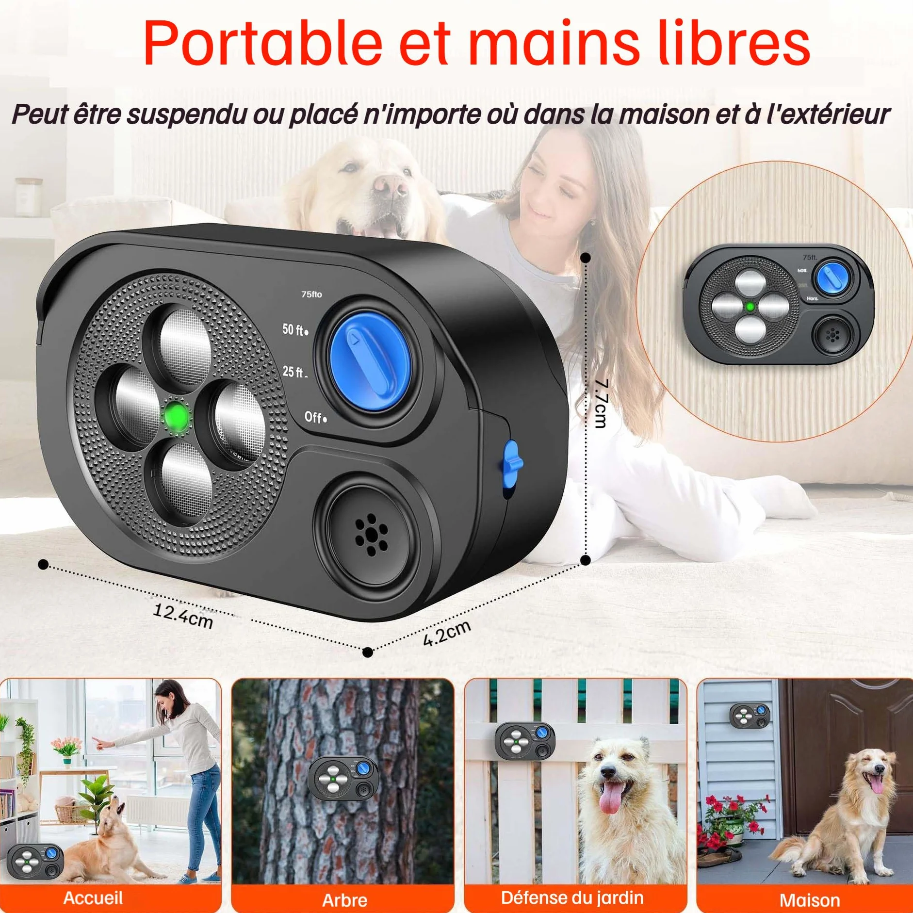 Répulseur de Chien à Ultrasons Anti-Aboiement, 3 Modes, Portée 20m, Batterie 2000mAh Rechargeable USB-C, IP65, Noir