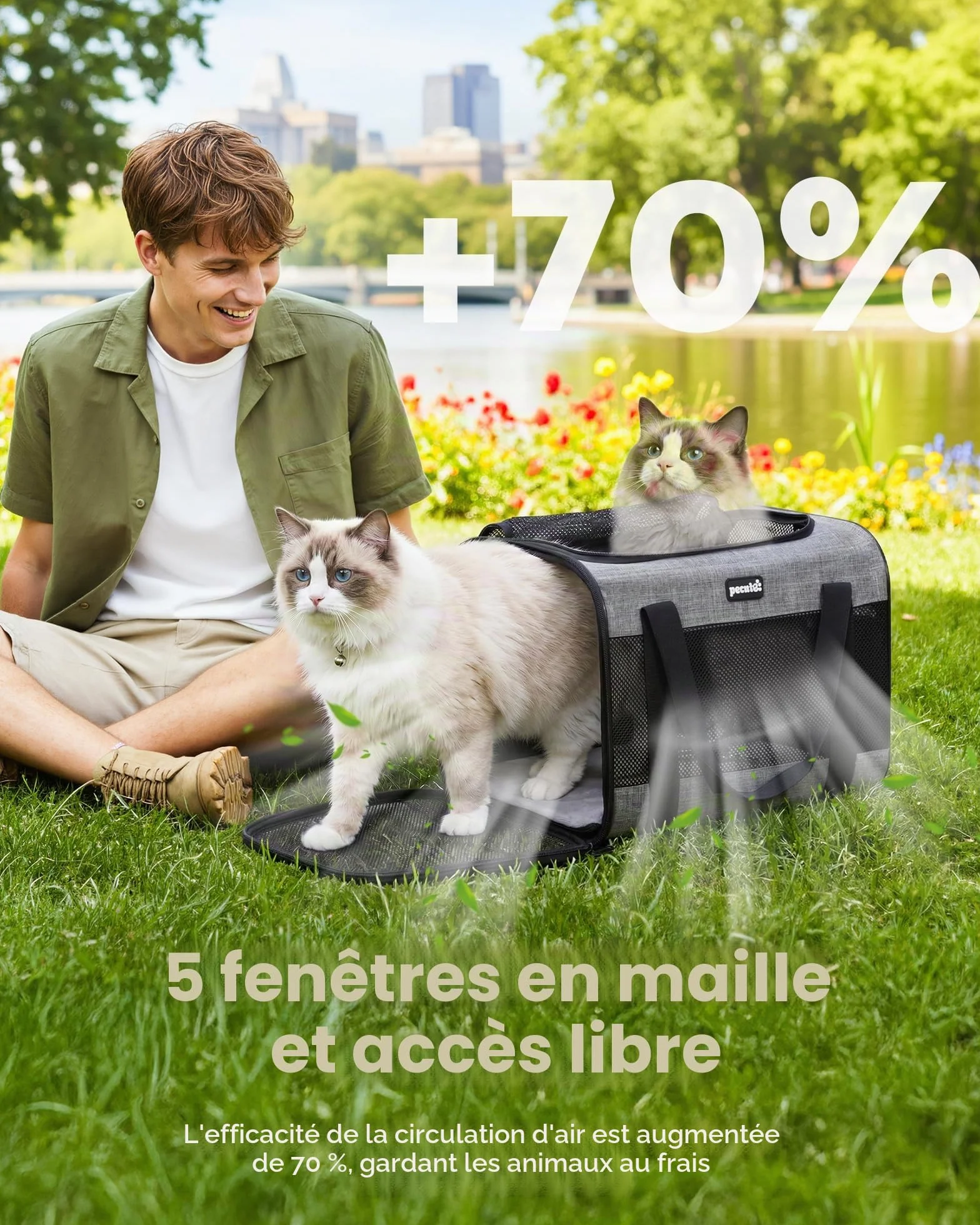 Pecute Sac de Transport pour Chat, Sac à Dos Portable pour Chiens Voyage avec Mangeoire Pliable, Tissu Maille Respirant