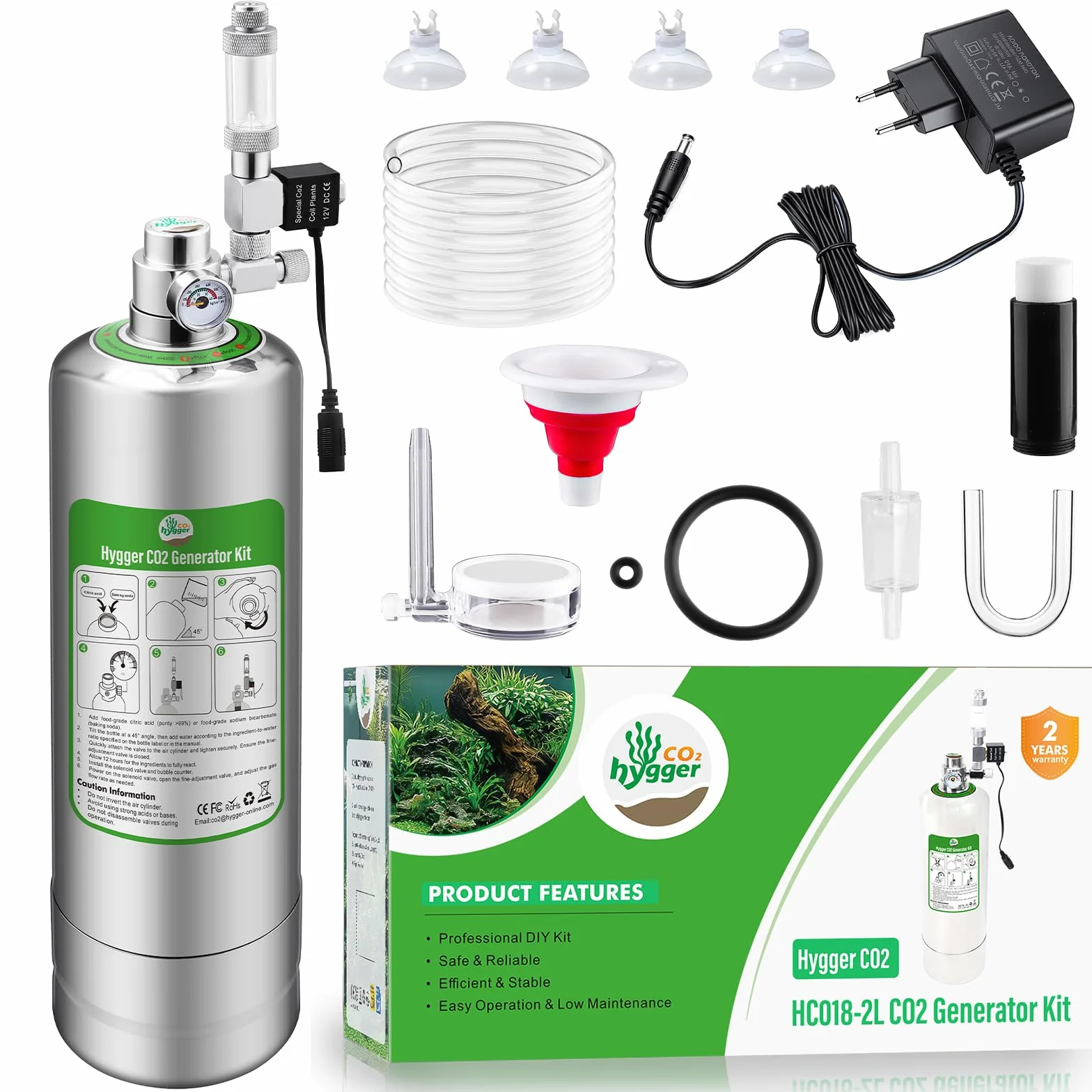 Zestaw generatora CO2 do akwarium 2L, regulator, zawór igłowy, elektrozawór, licznik bąbelków do zbiornika 20-60L