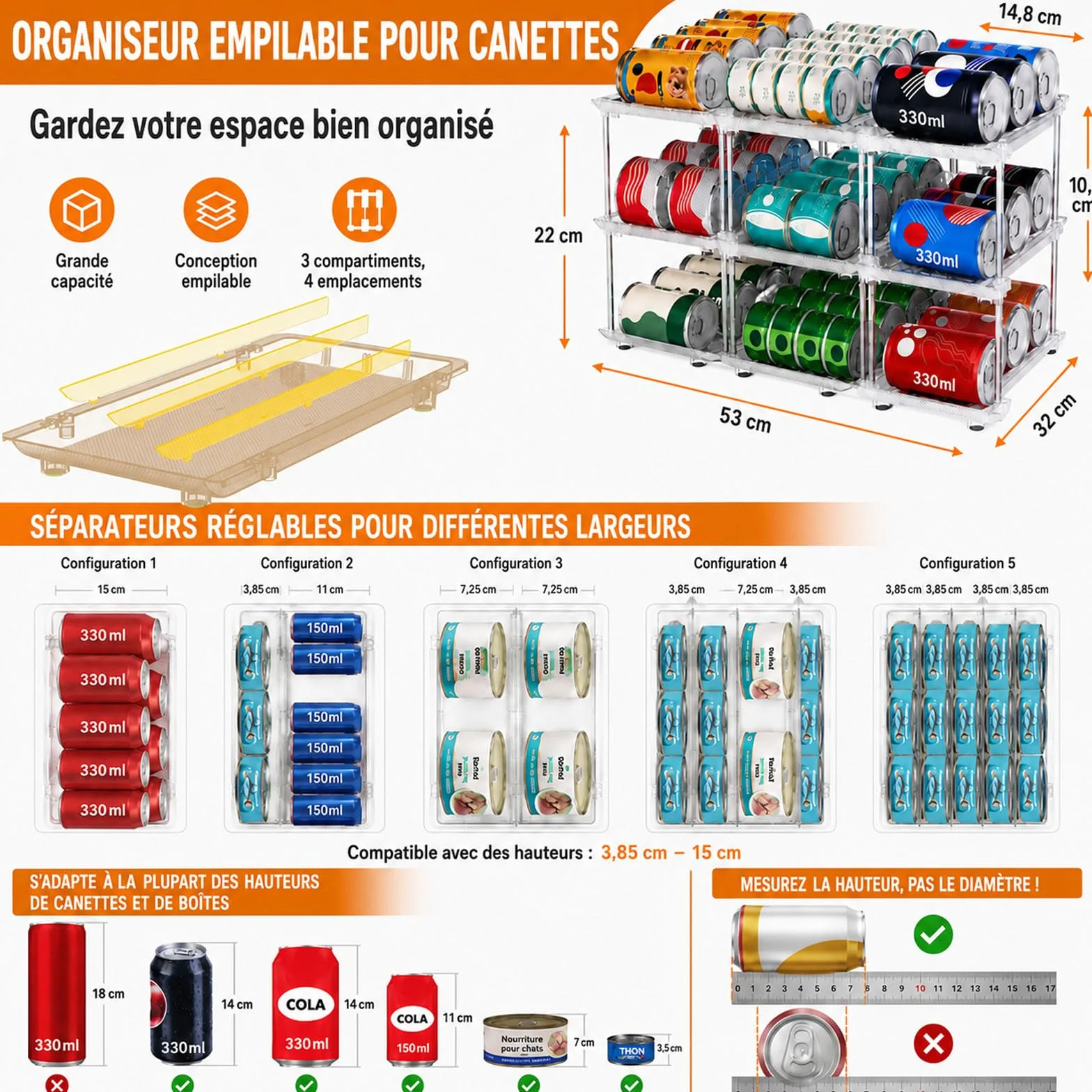 Organisateur de Canettes & Boîtes de Conserve pour Garde-Manger – Distributeur 3 Niveaux Empilable pour Placard Cuisine & Frigo – Rangement Ajustable pour Conserves, Sodas & Pâtée Chat