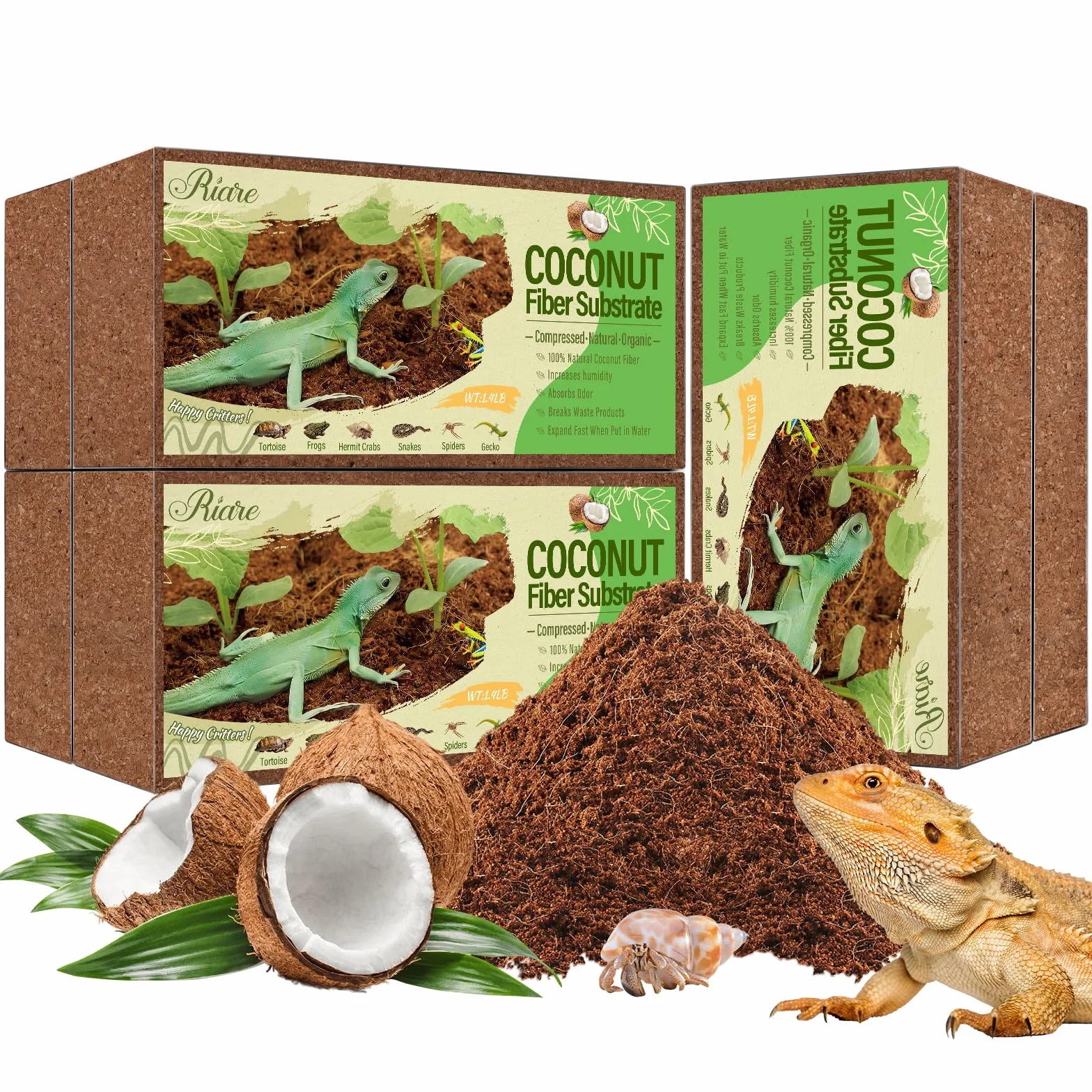 Riare Substrat Naturel en Fibre de Coco pour Reptile - Literie de Terrarium en enveloppe de Noix de Coco compressée de qualité supérieure pour Reptiles, Tortues, Grenouilles, Serpents (6)