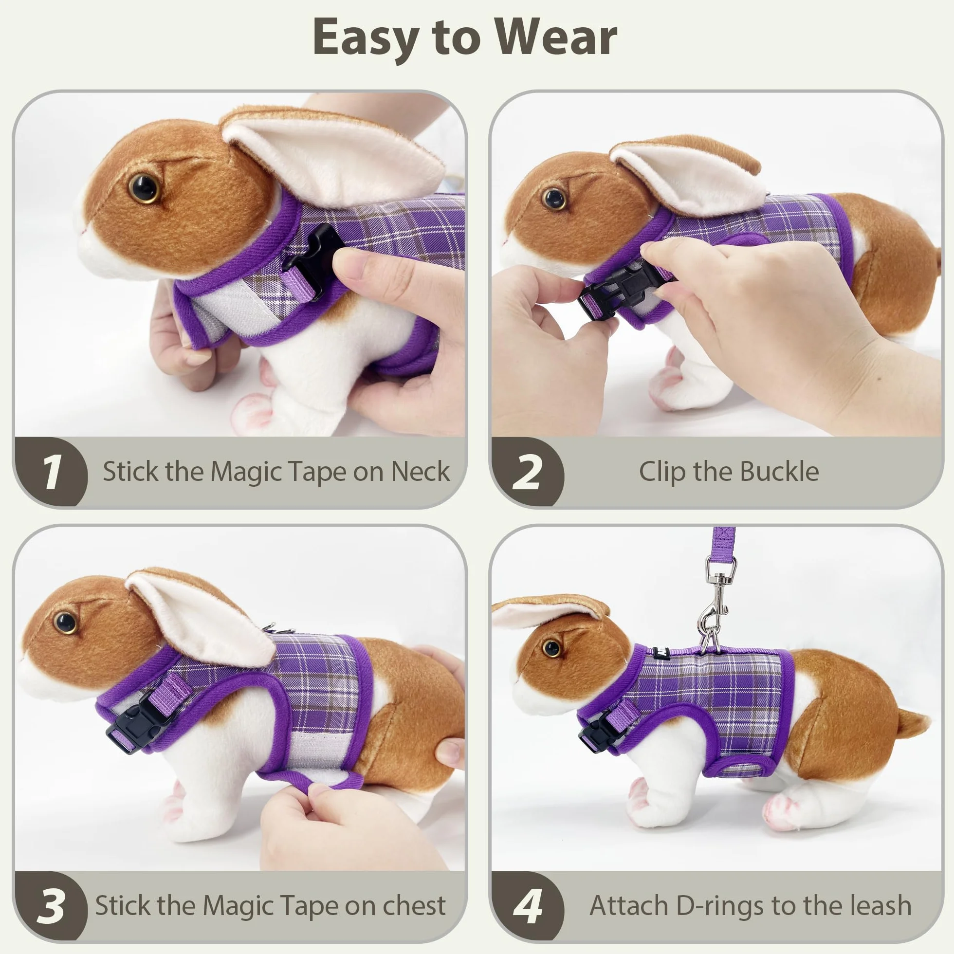 AIITLE Ensemble de harnais et laisse pour lapin anti-évasion - Design à ruban magique, rembourrage en maille à motif à carreaux léger, sans étouffement ni traction pour chiot, chat, rat, écureuil