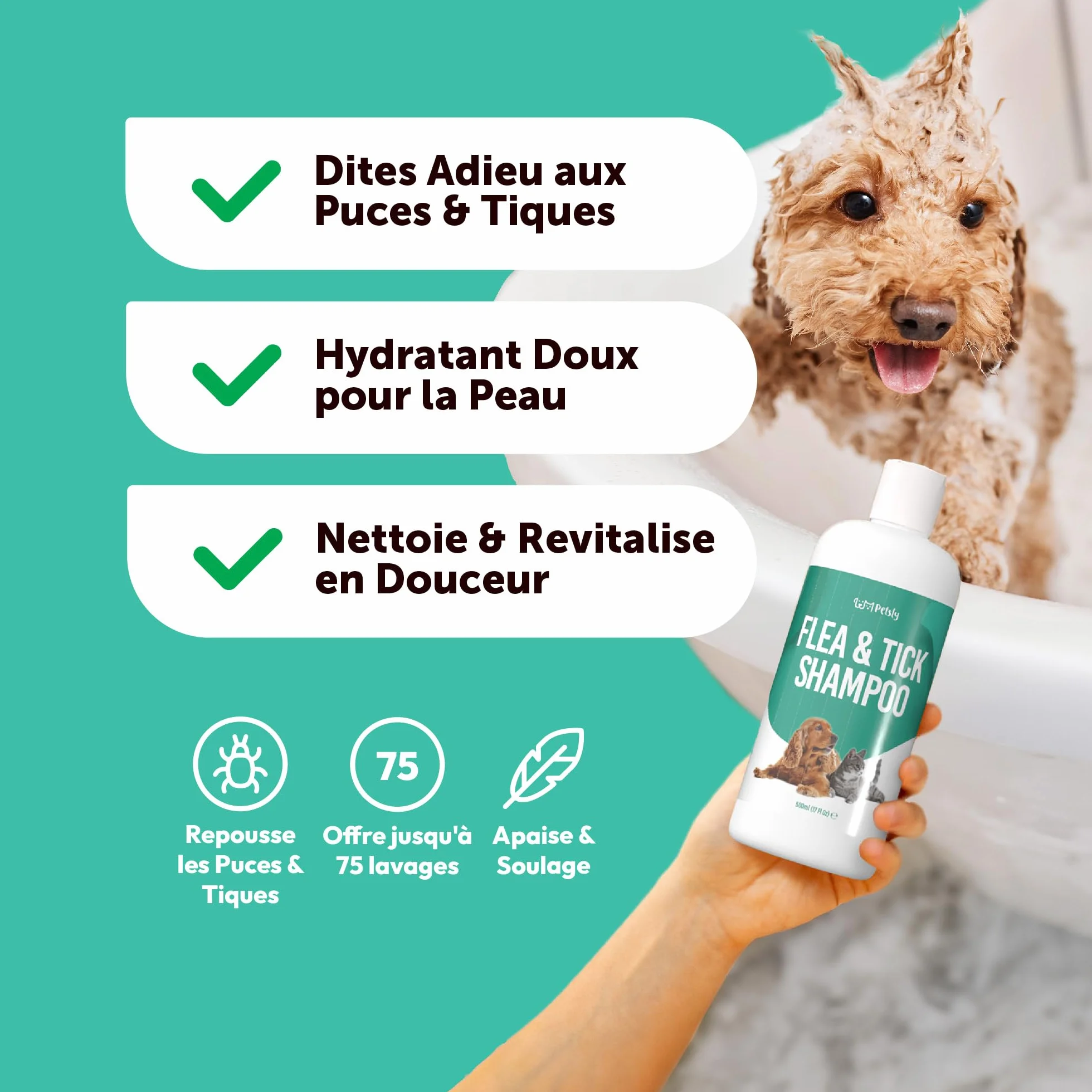 Petsly® Shampoing Anti Puces Chien Chat Chevaux -500ml- Élimine Puces & Tiques - pH Équilibré Peau Sensible, Nettoie, Apaise & Protège - Aloe Vera, Géraniol, Thé Vert, Camomile - Fabriqué en Allemagne