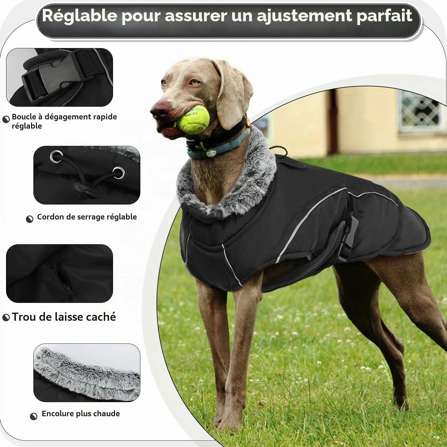 Manteau imperméable pour chien Grande veste chaude Chihuahua gilet chauffant vêtement d'hiver coupe-vent pour chiens (Noir, XL)
