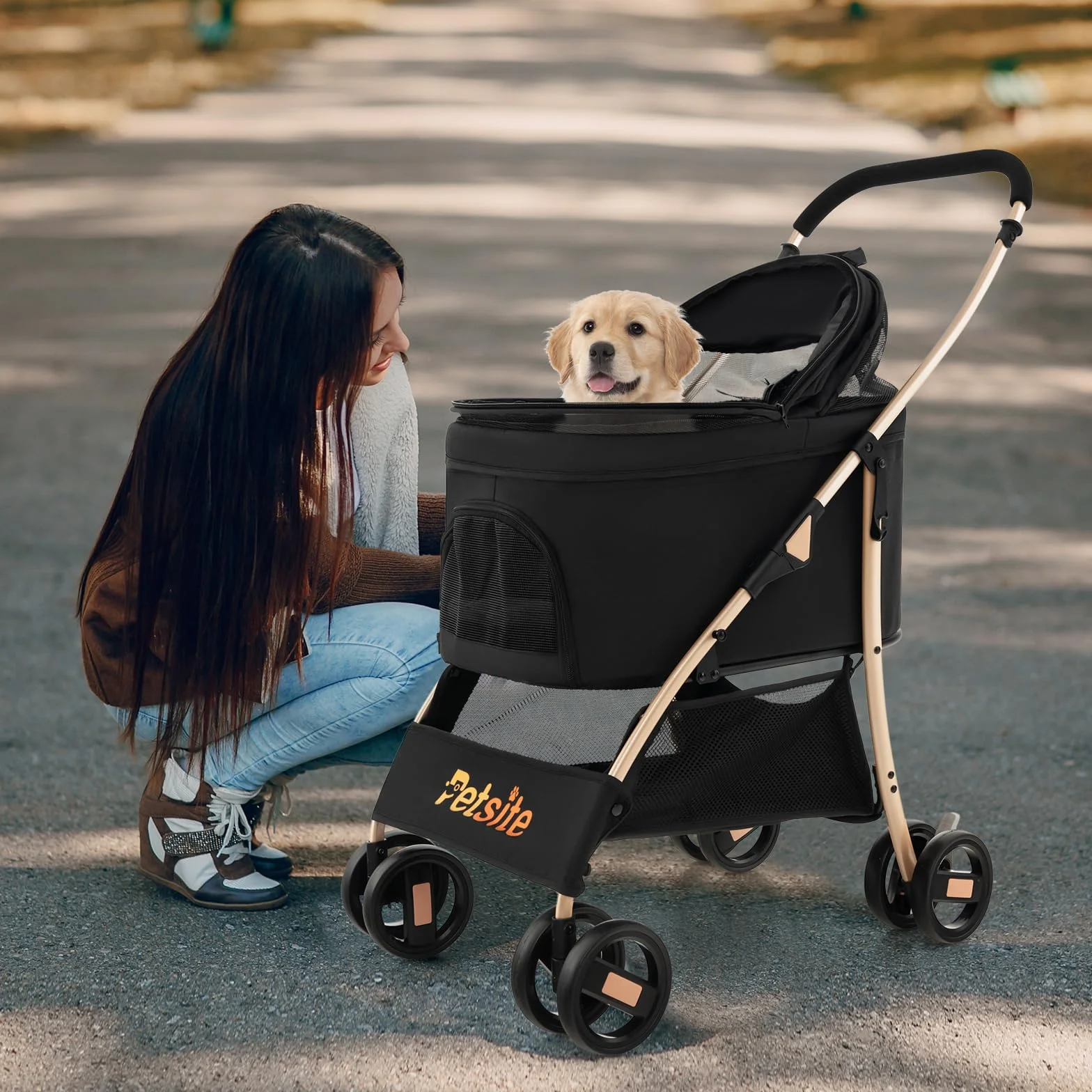 GOPLUS Poussette 3 en 1 Pliable pour Chien Chat, Siège Voiture Amovible, Auvent Réglable, Entrée Maille Zippée, Noir