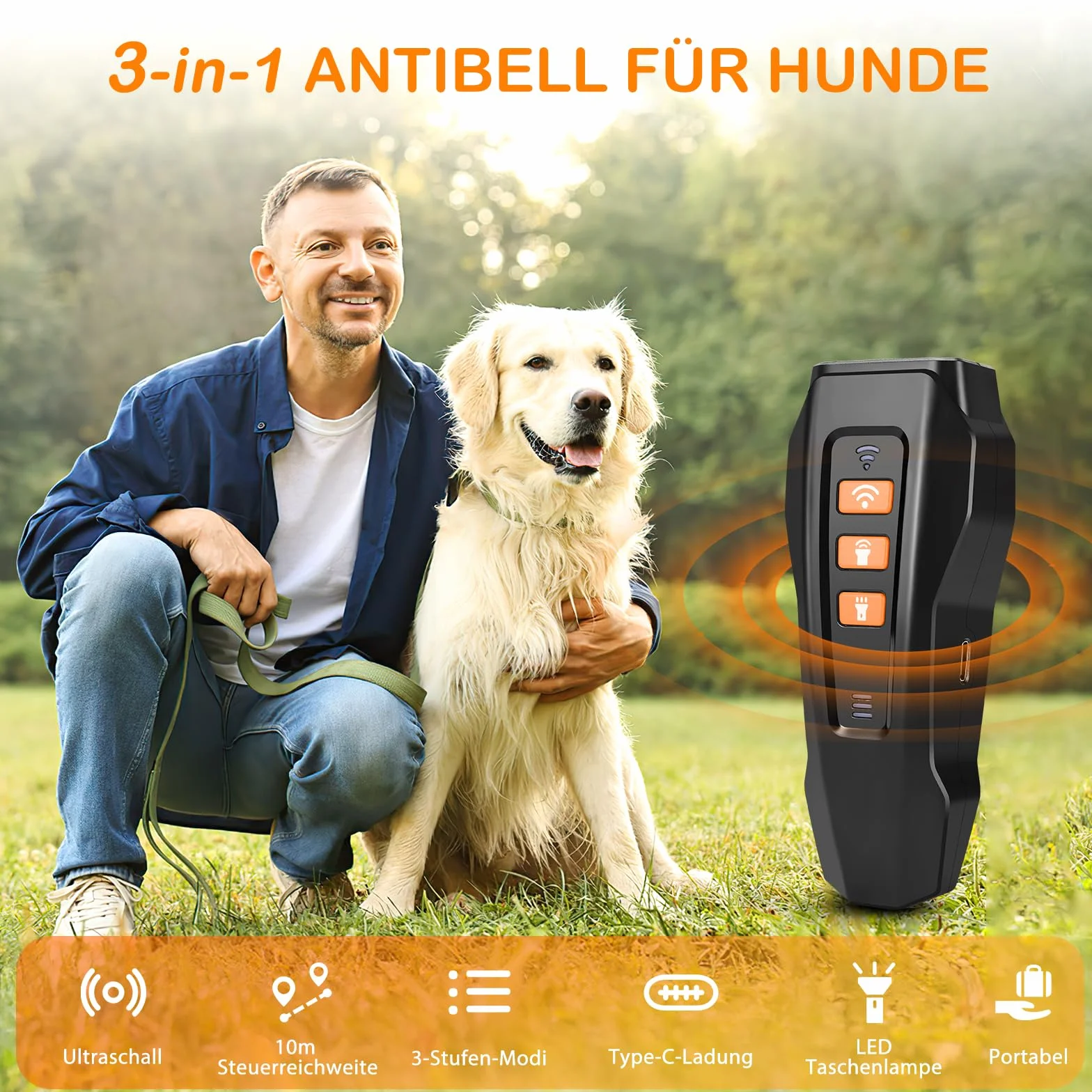 Anti Aboiement Chien Répulsif à Ultrasons Antibell Puissant Réglable 3 Fréquences 10M Portée Lampe de Poche