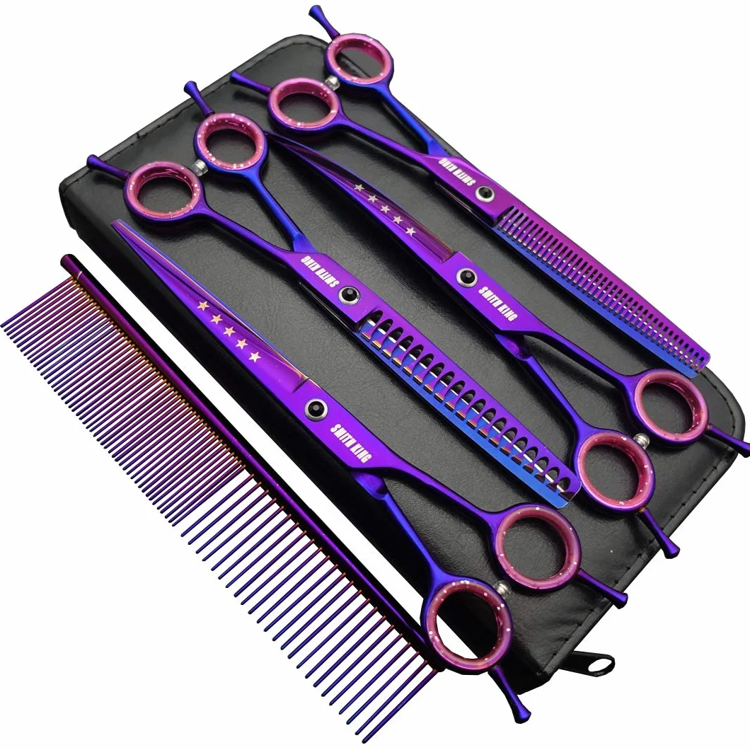 7,0 Zoll Professional Set de ciseaux de toilettage pour chiens Gerade & Ausdünnen & Gebogen & Chunker & Kamm 5 Stück in 1 Set für Linkshänder & Rechtshänder