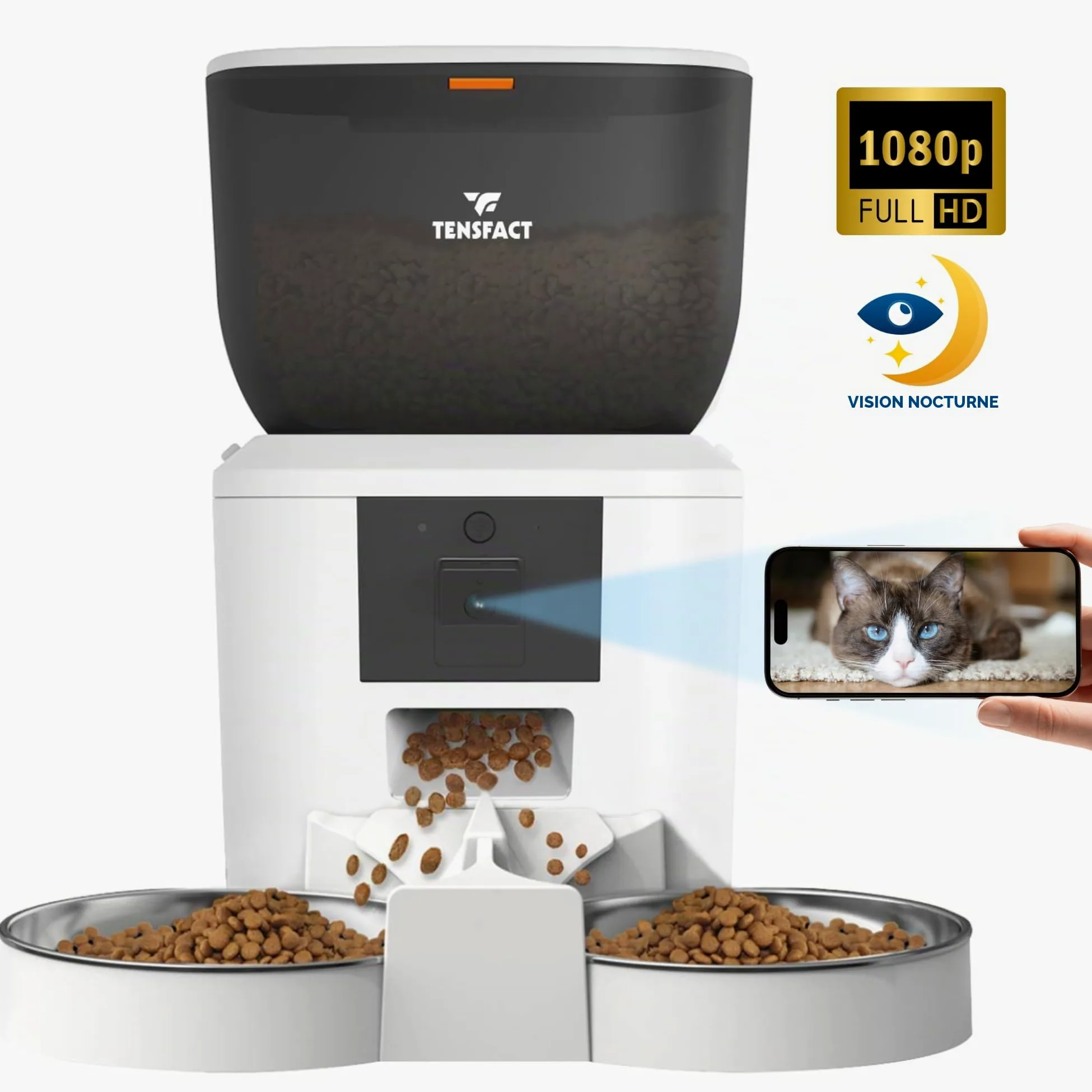 Gamelle Automatique Chat - Distributeur Automatique Chat avec Caméra Full HD - Gamelle Simple et Duo - Blanc