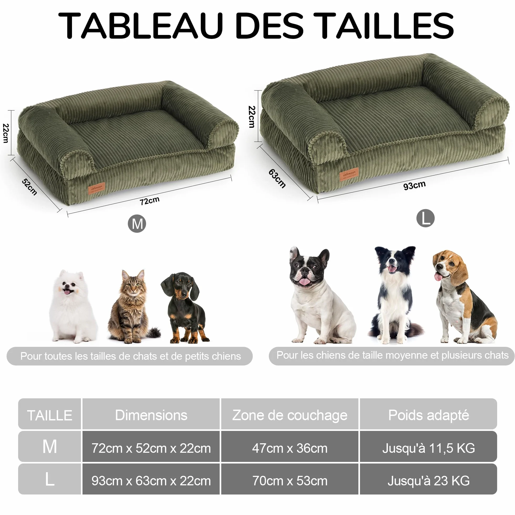 FUKUMARU Coussin Chien Dehoussable Lavable Canapé Antidérapant 72 x 52 x 22 cm Vert