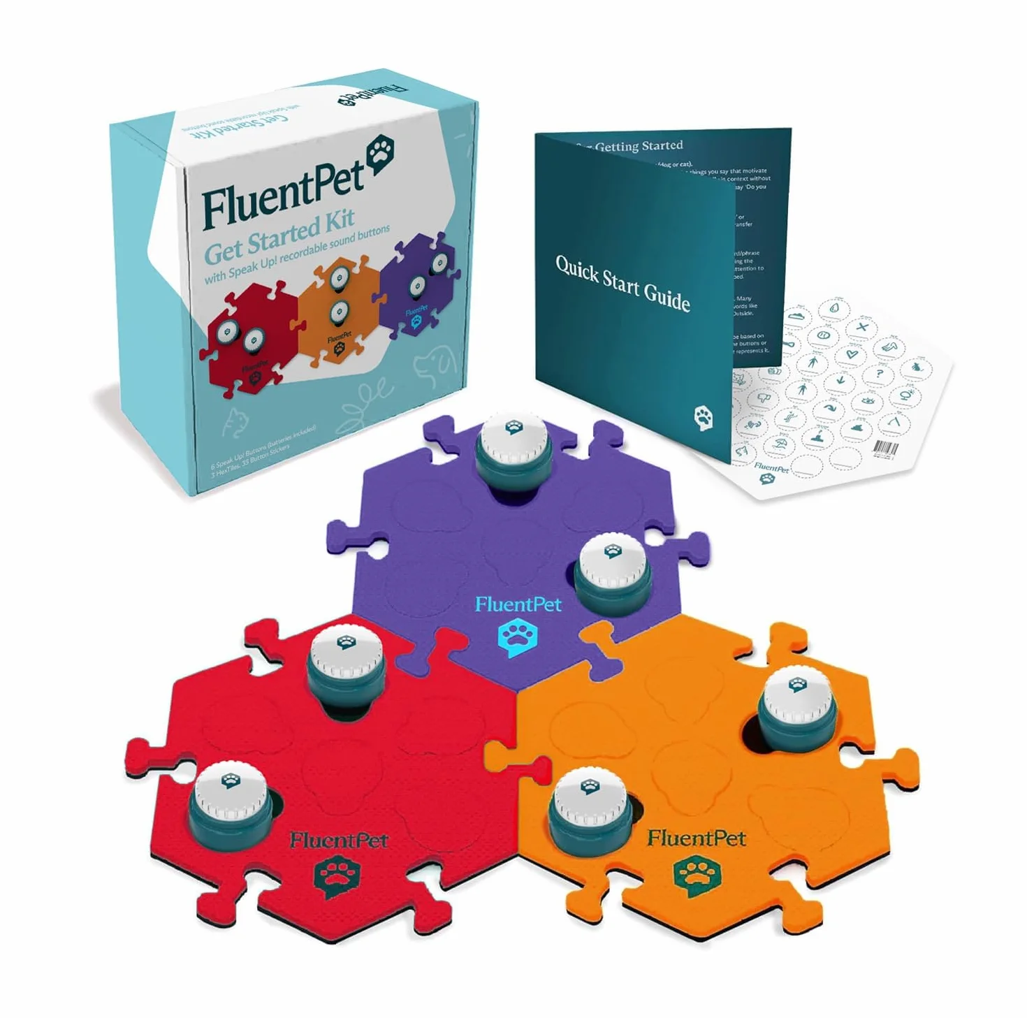 FluentPet Parlez ! Kit de démarrage avec Son Clair orienté vers Le Haut | 6 Boutons enregistrables + 3 HexTiles brevetés avec Piles pré-installées | Boutons de Communication pour Chien et Chat
