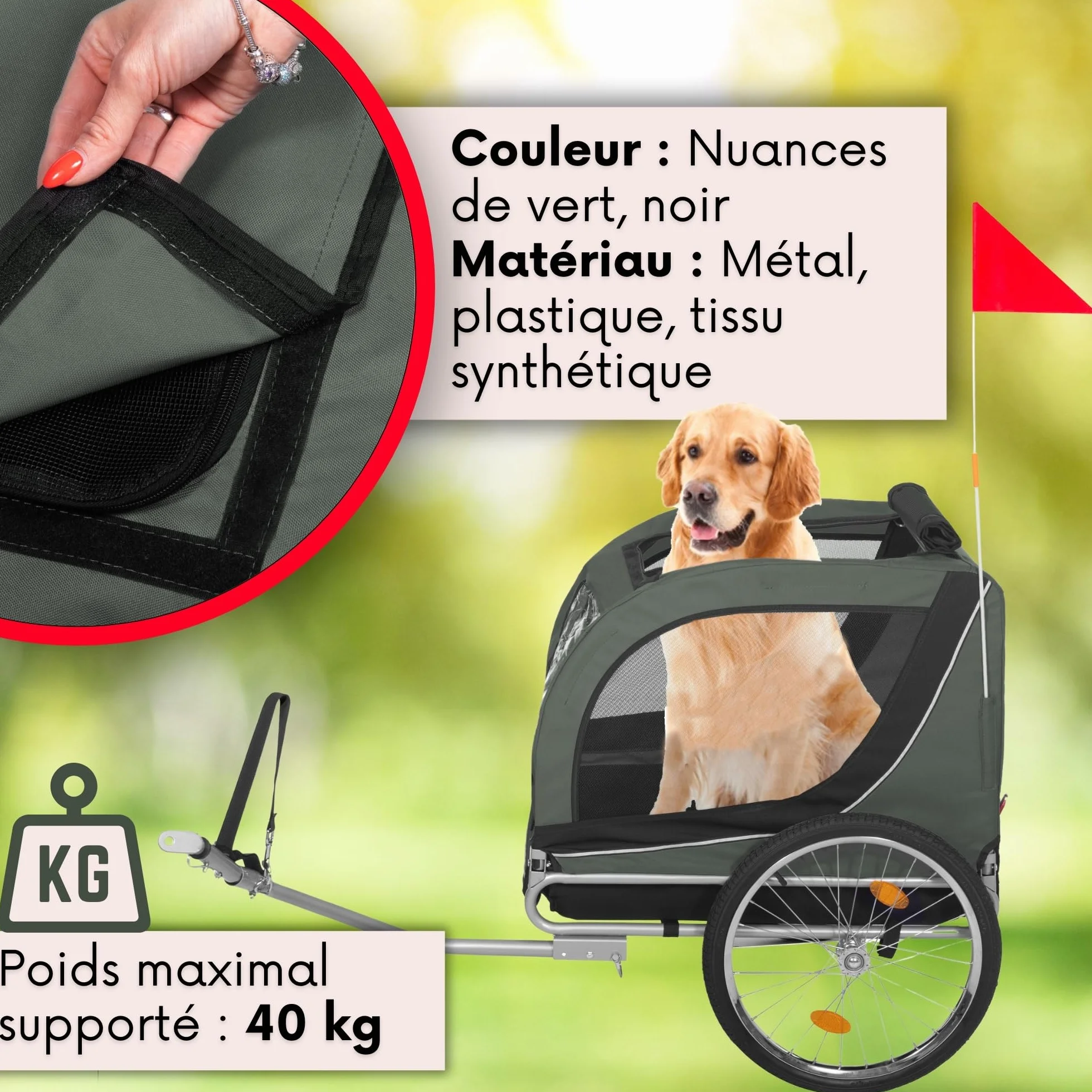 SPRINGOS Remorque de vélo pour chiens jusqu'à 40 kg avec drapeau