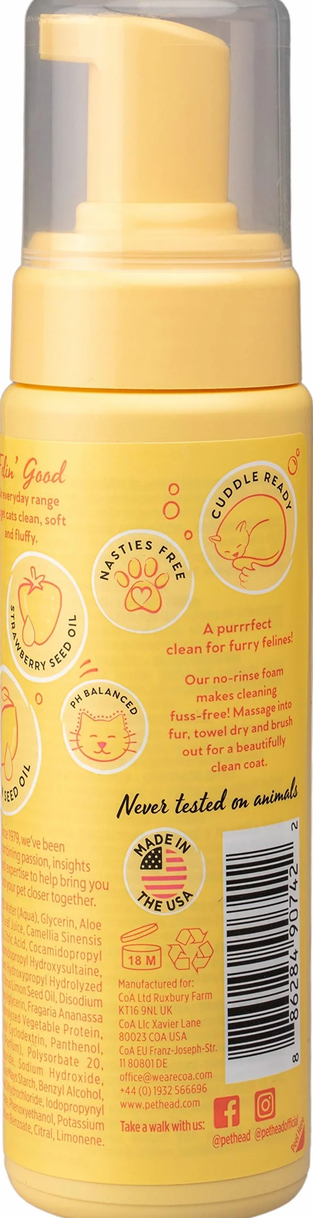 Pet Head Felin' Good Mousse sans rinçage pour Chats 200 ml Shampoing sec parfum fruité aloe vera