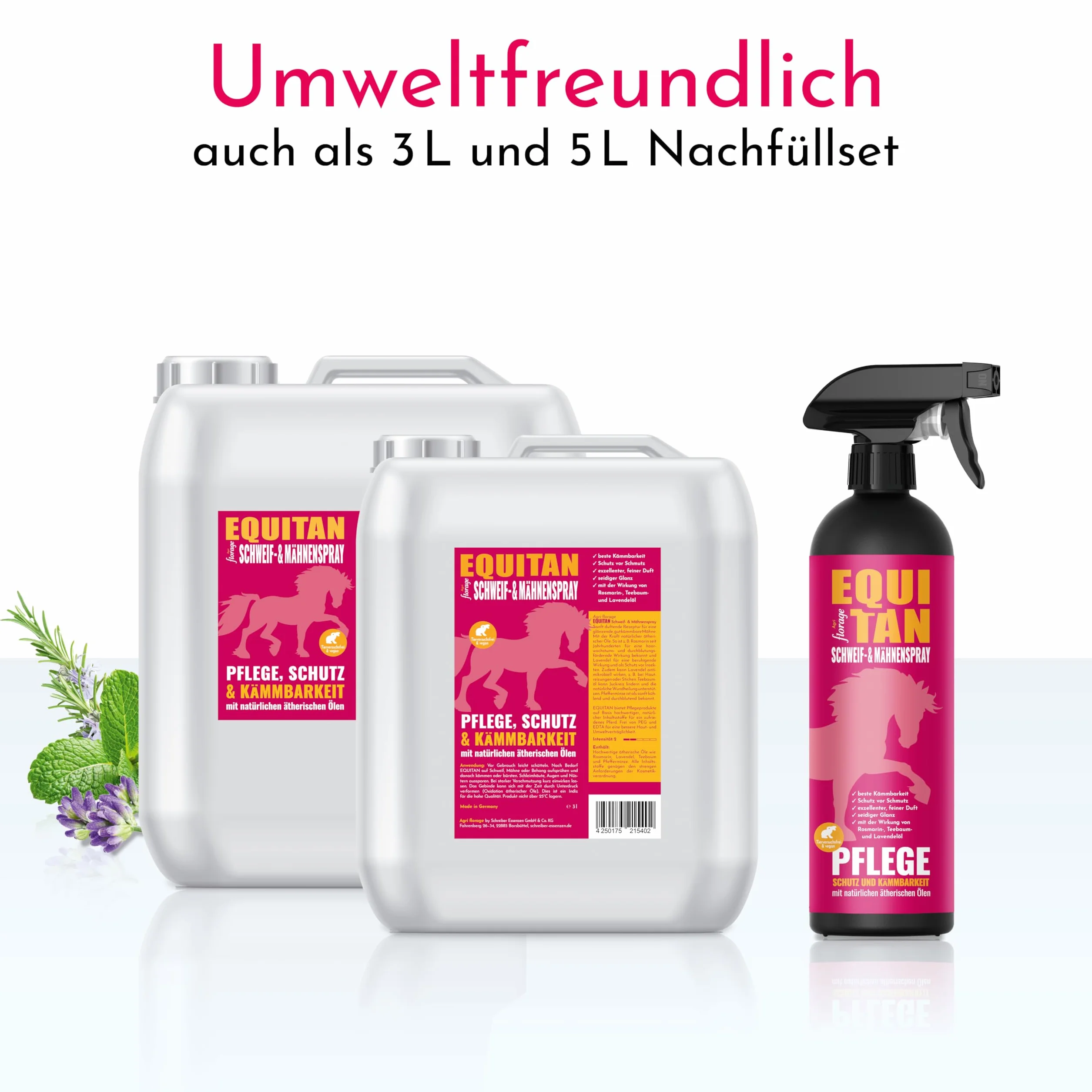 EQUITAN Spray pour queue et crinière chevaux 3 l entretien démêlage huiles essentielles sans PEG EDTA végétalien