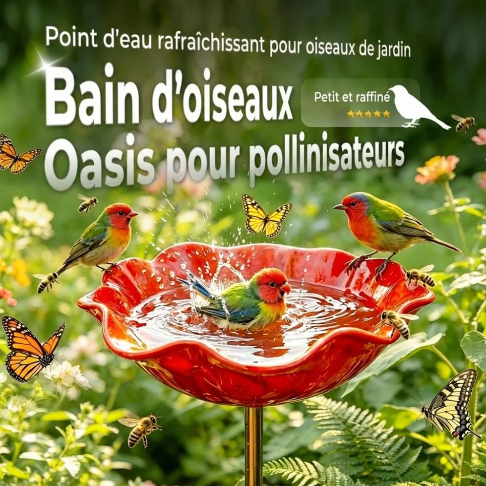 Abreuvoir Oiseaux Métal Motif Fleurs, Bain Oiseau Décoratif Résistant Intempéries, Piquet Jardin Fleur Métal Fait Main (Rouge)
