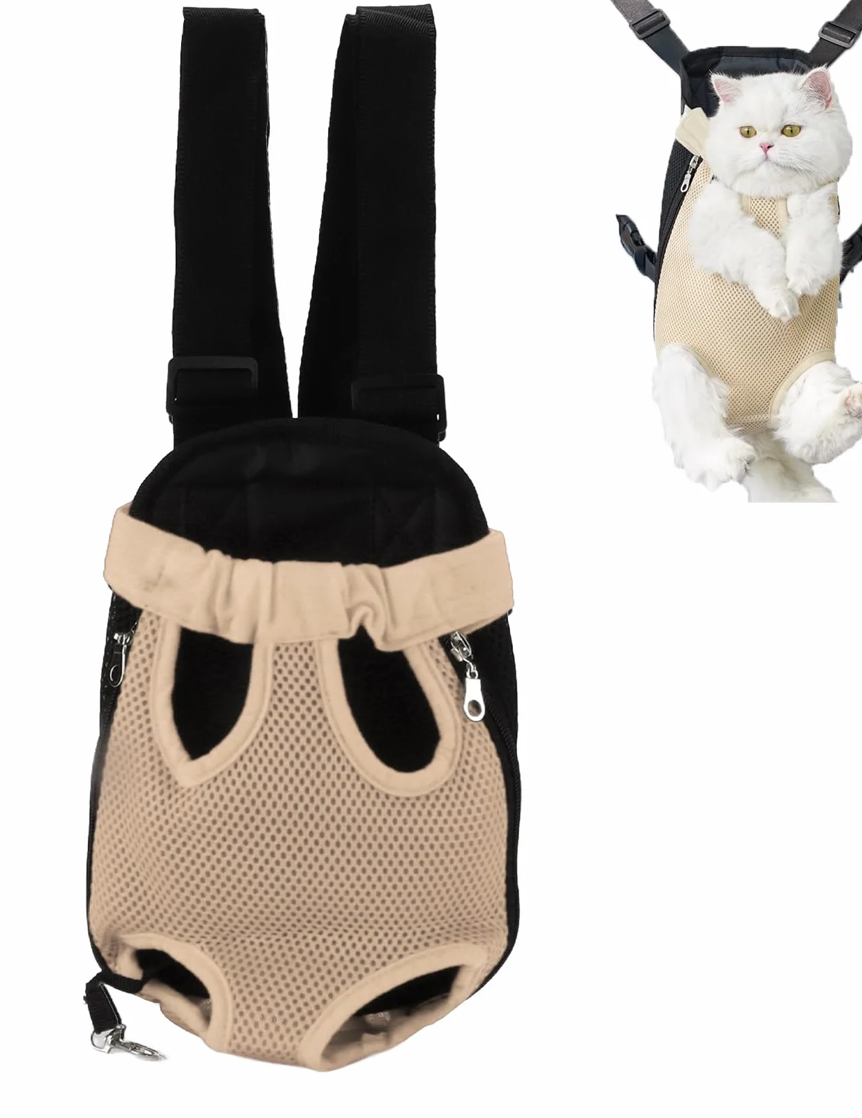 Sac Transport Chat Ventral à Sangle Réglable, Maille Respirante pour Extérieur et Voyage, M-Beige