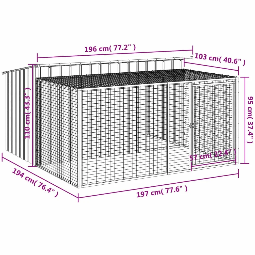 vidaXL Niche pour Chien avec enclos Anthracite 197 x 194 x 110 cm Acier galvanisé