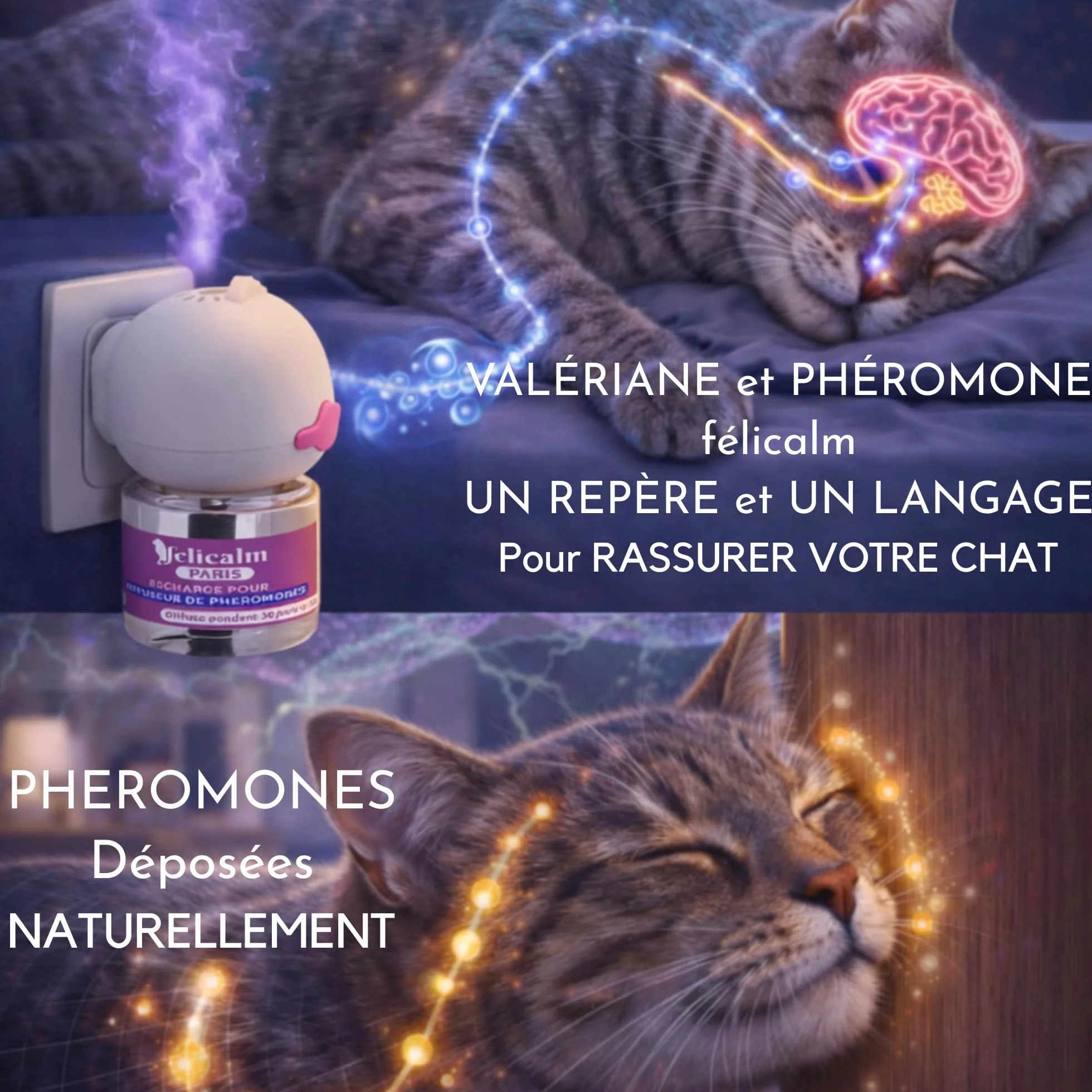 Diffuseur Chat Valériane Phéromones sans Odeur Double Action Apaisante 2 Recharges 60 J