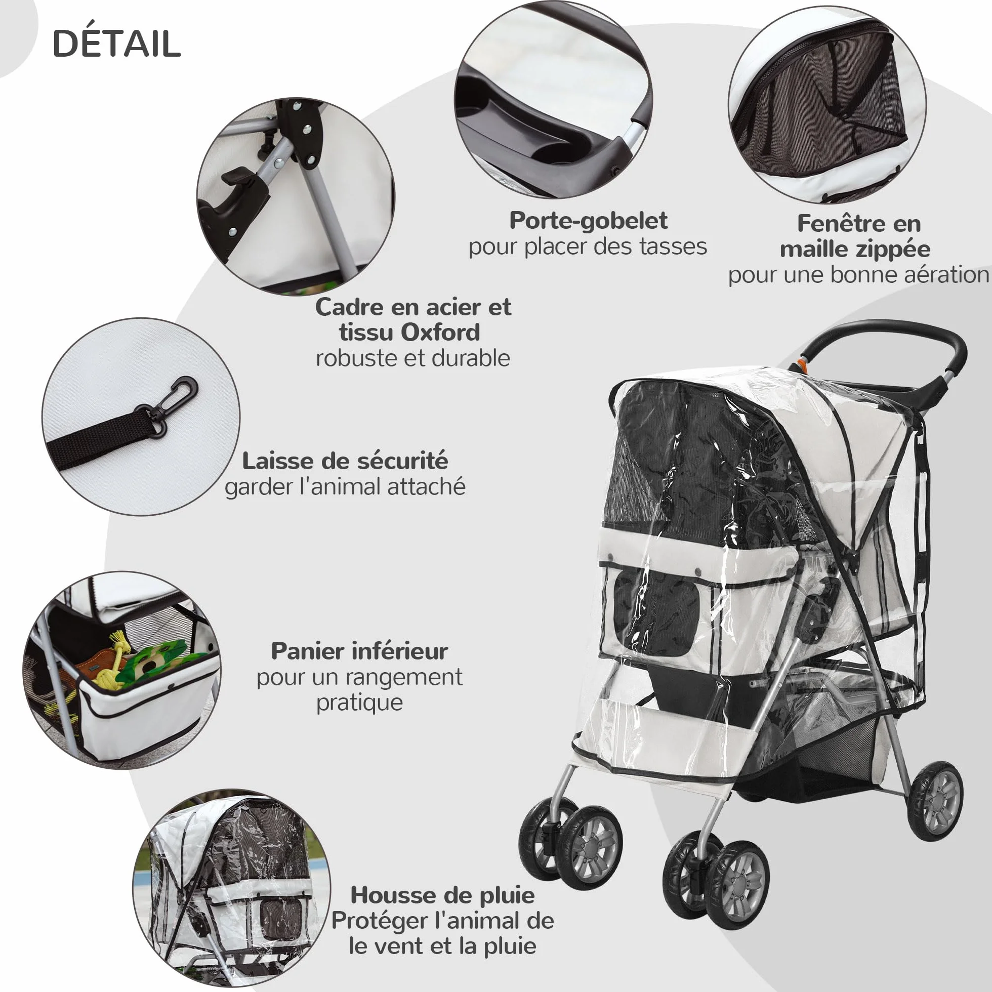 PawHut Poussette Buggy Pliable Animaux Imperméable pour Chien et Chat, Tissu 600D Oxford, Toit Amovible, Gris